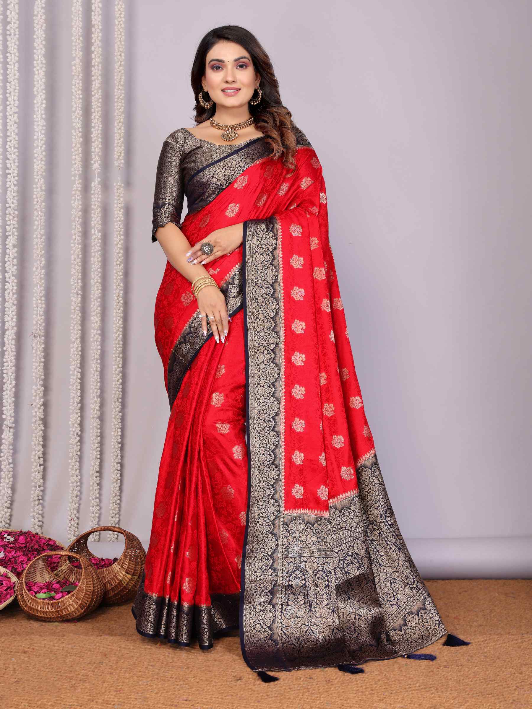 Handloom Satin Silk Saree with Zari Butta Work & Contrast Woven Borders YNF