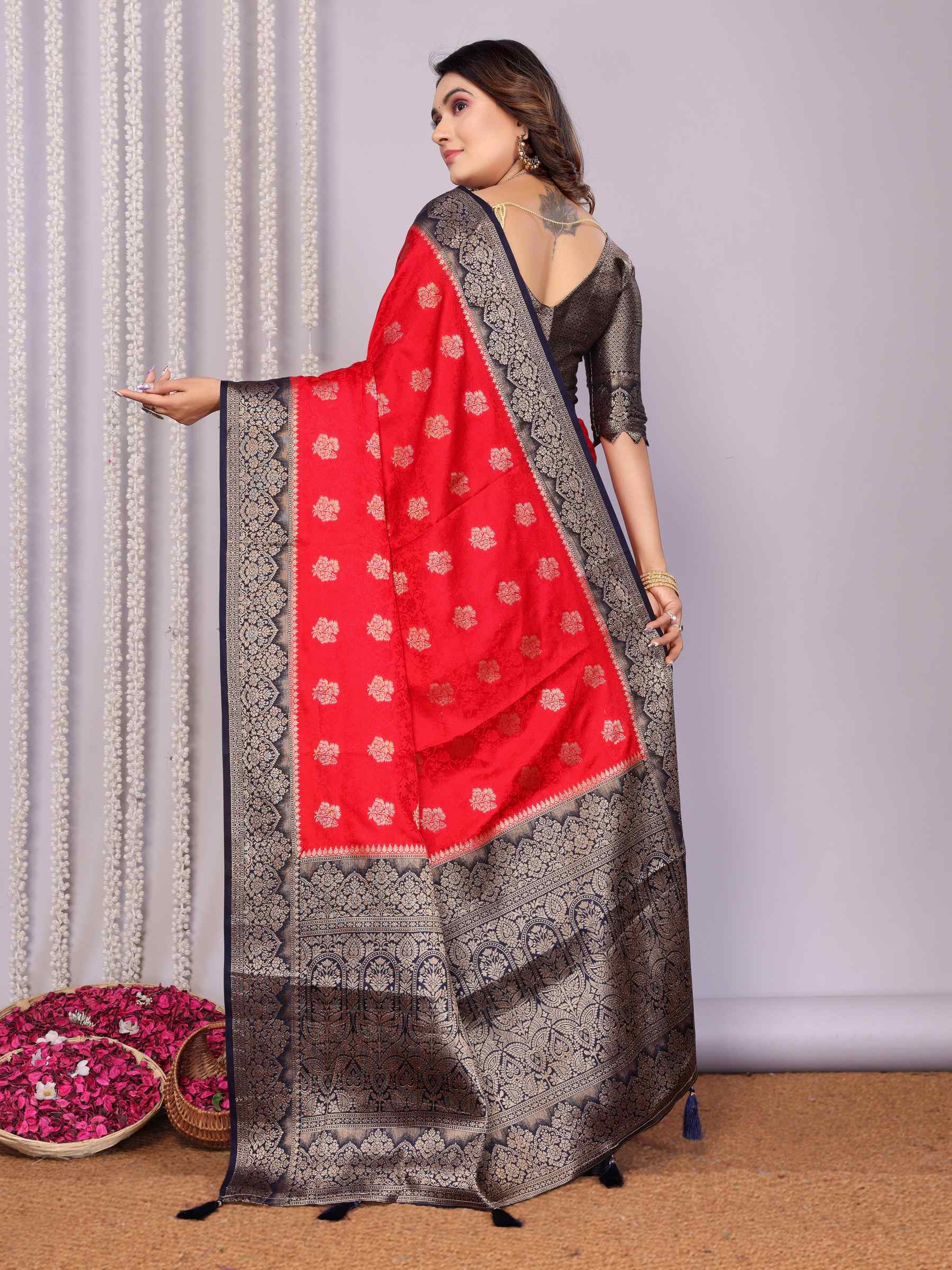 Handloom Satin Silk Saree with Zari Butta Work & Contrast Woven Borders YNF