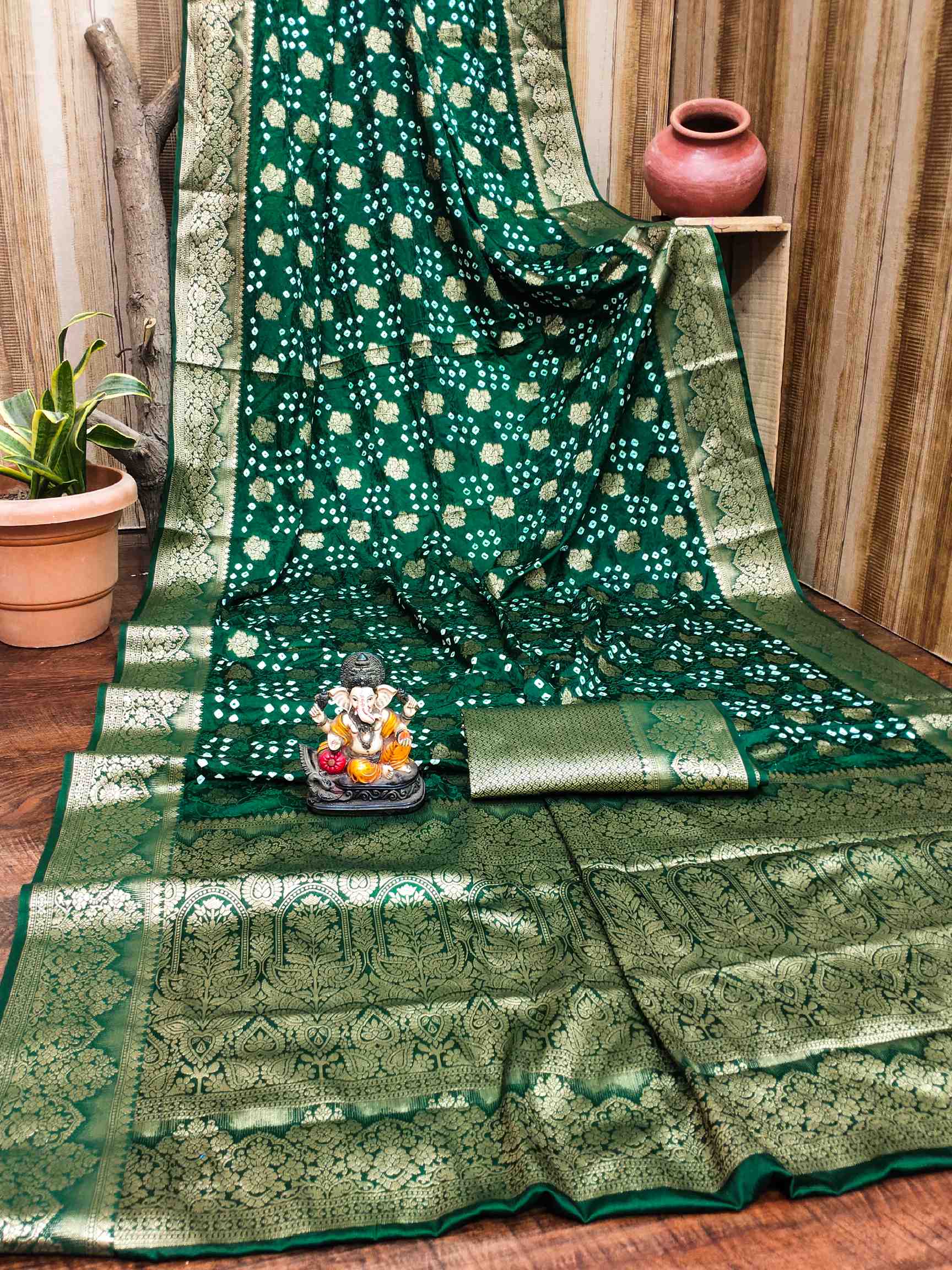 Premium Pure Bandhej Satin Silk Saree with Zari Weaving Butta & Rich Pallu YNF