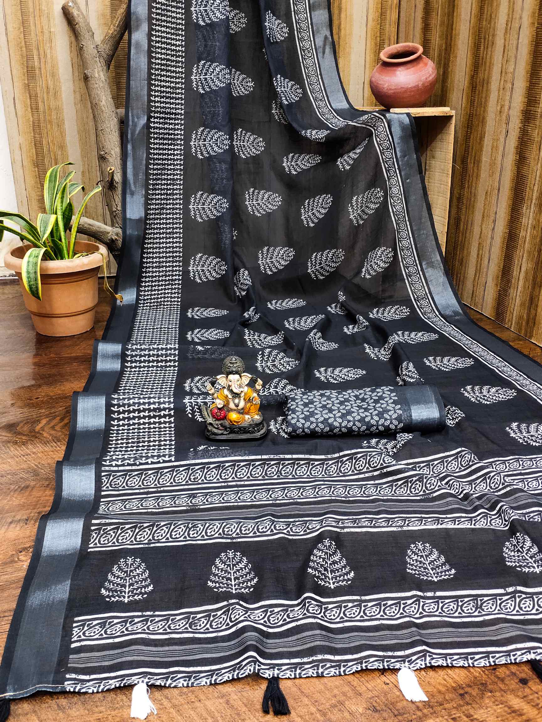 Premium Soft Linen Cotton Saree with Digital Batik Print & Silver Woven Border YNF