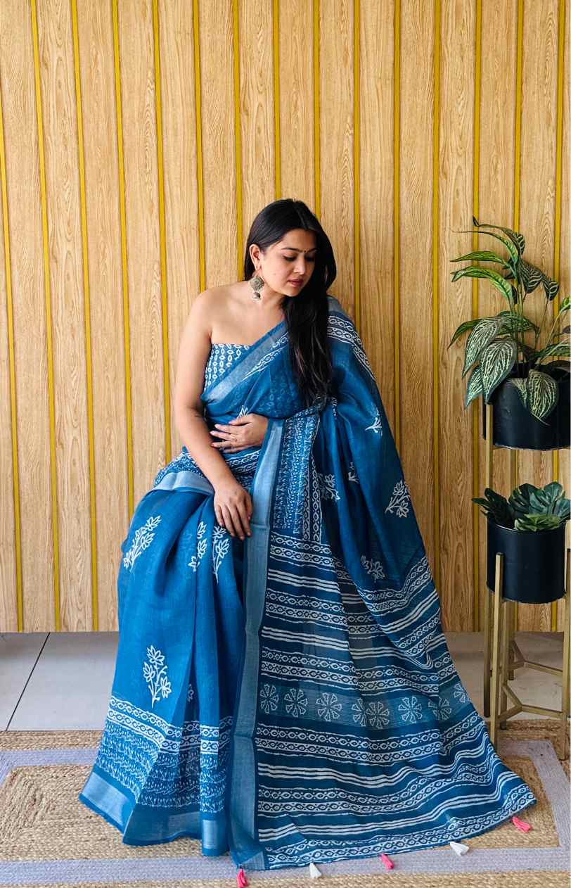 Premium Soft Linen Cotton Saree with Digital Batik Print & Silver Woven Border YNF