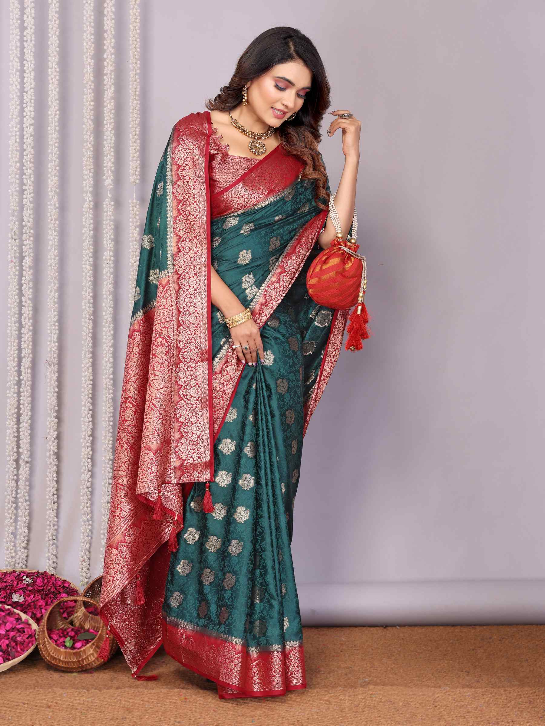Handloom Satin Silk Saree with Zari Butta Work & Contrast Woven Borders YNF