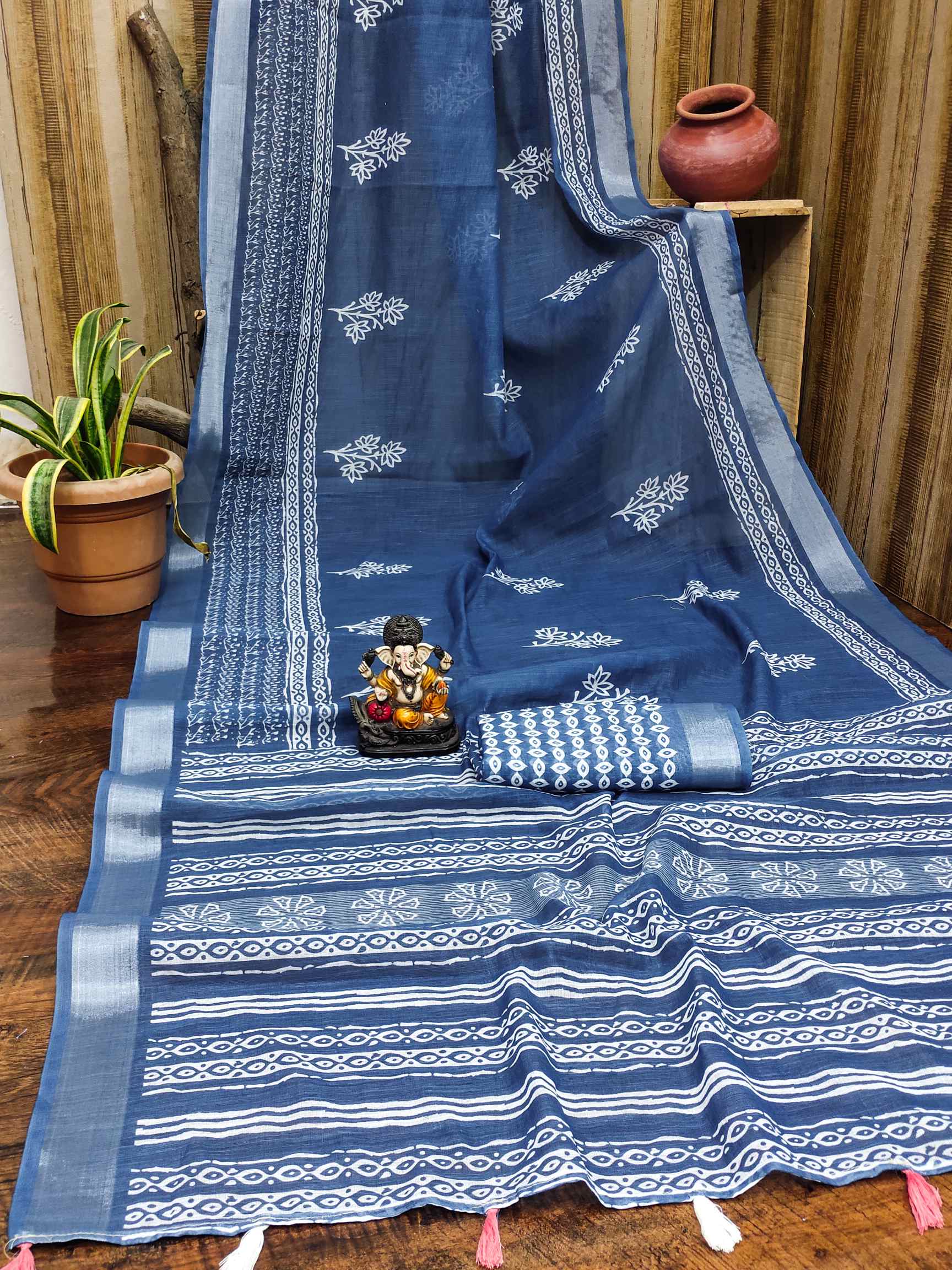 Premium Soft Linen Cotton Saree with Digital Batik Print & Silver Woven Border YNF