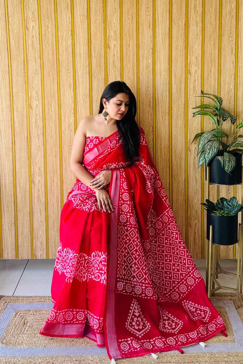 Premium Soft Linen Cotton Saree with Digital Batik Print & Silver Woven Border YNF