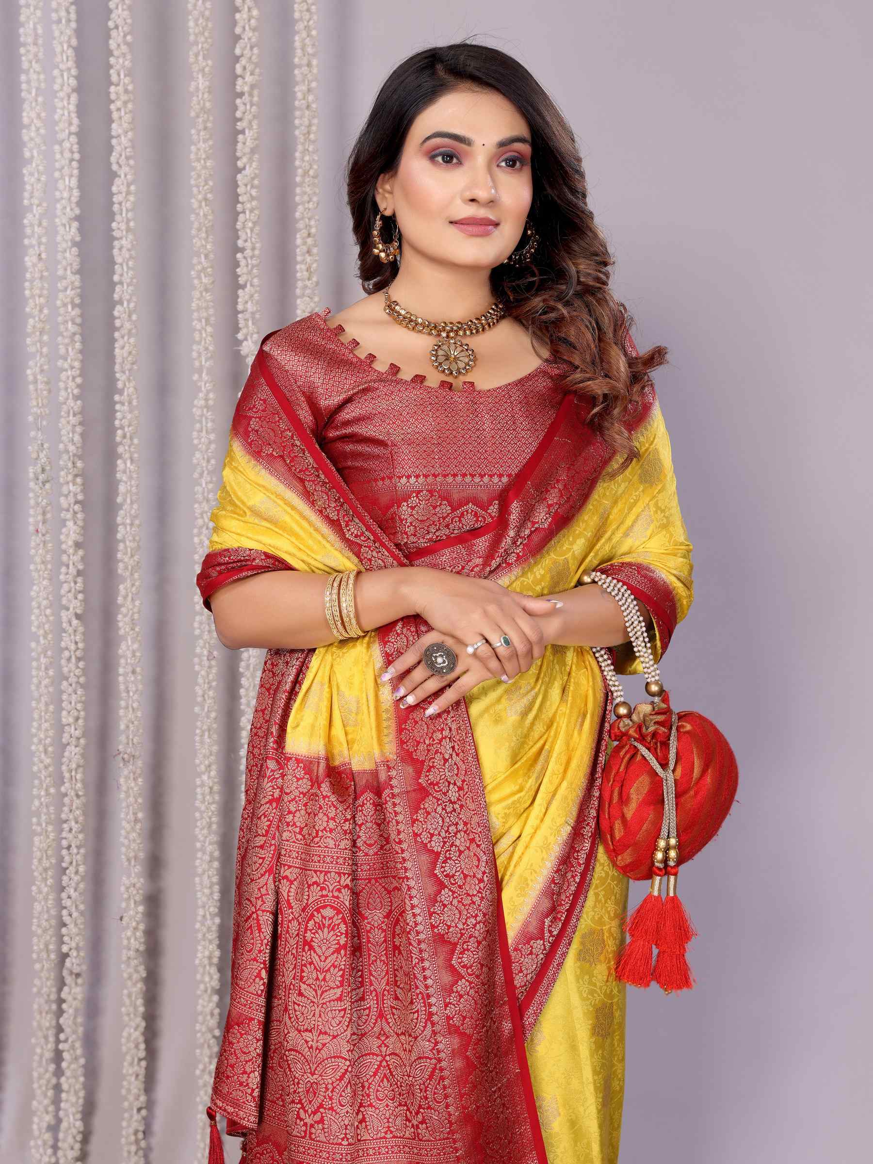 Handloom Satin Silk Saree with Zari Butta Work & Contrast Woven Borders YNF