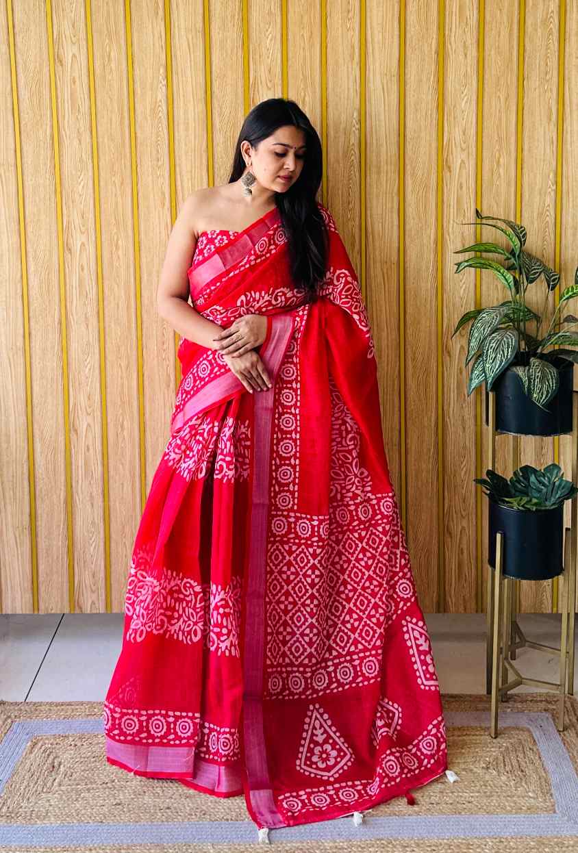 Premium Soft Linen Cotton Saree with Digital Batik Print & Silver Woven Border YNF