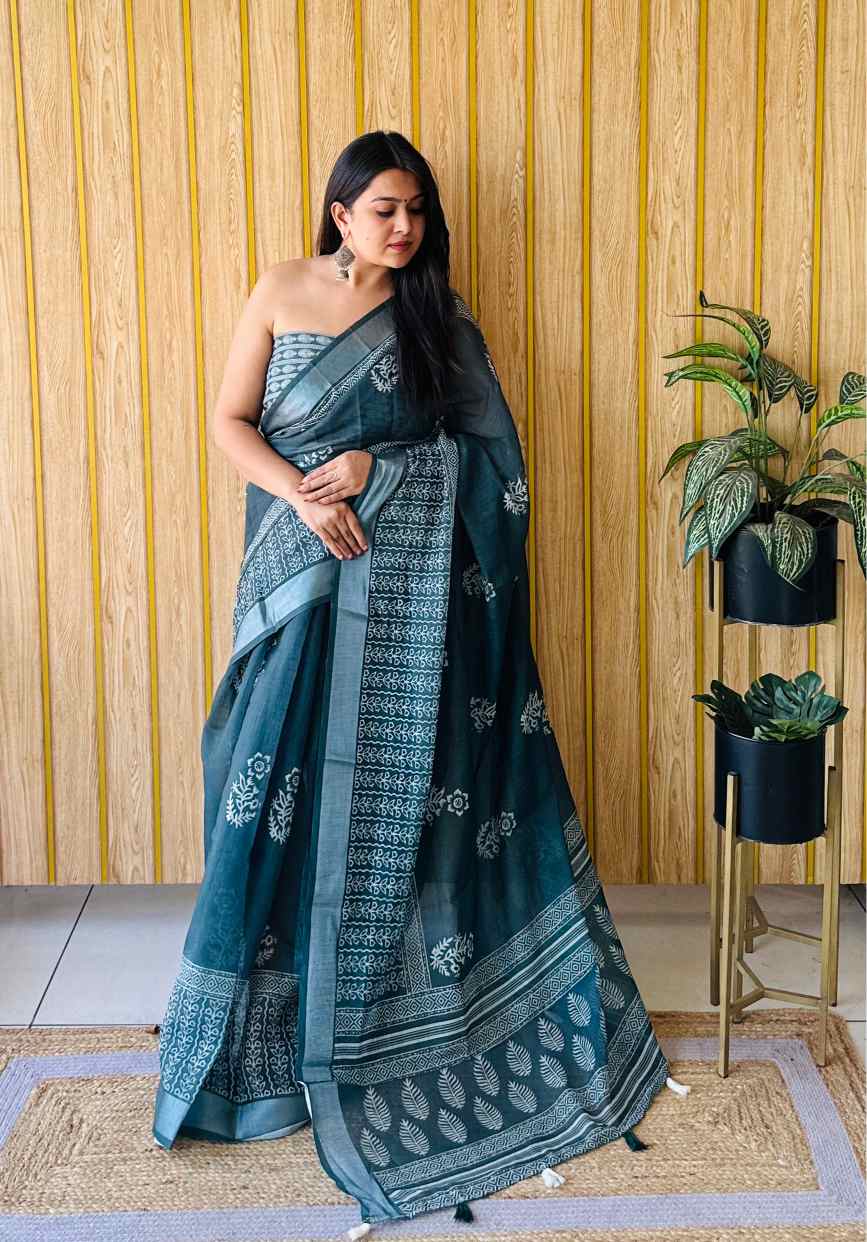 Premium Soft Linen Cotton Saree with Digital Batik Print & Silver Woven Border YNF