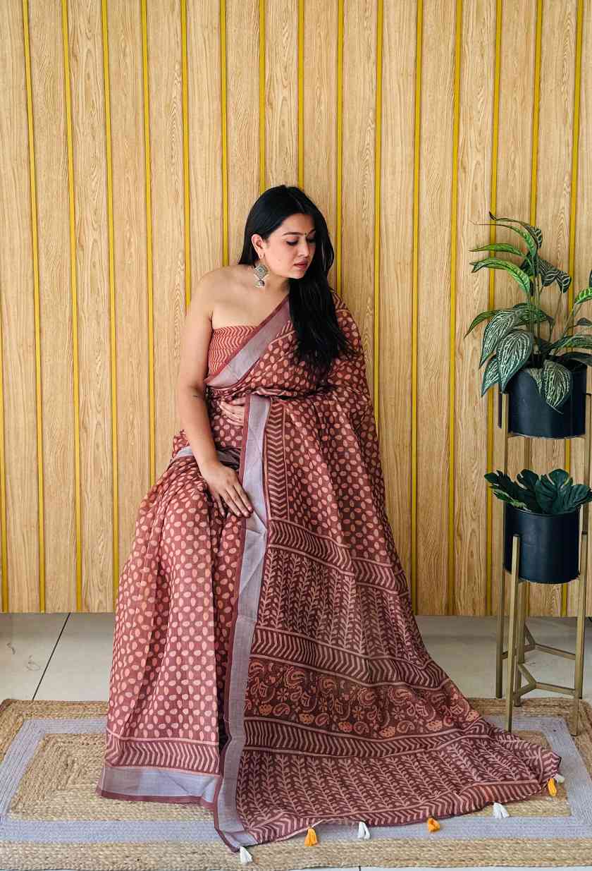 Premium Soft Linen Cotton Saree with Digital Batik Print & Silver Woven Border YNF