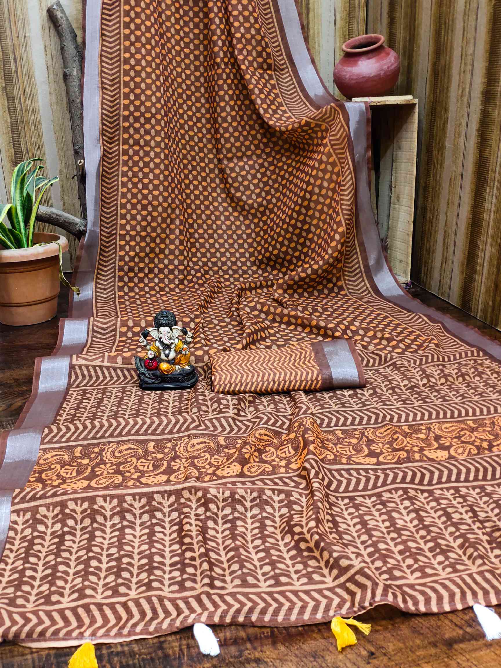 Premium Soft Linen Cotton Saree with Digital Batik Print & Silver Woven Border YNF