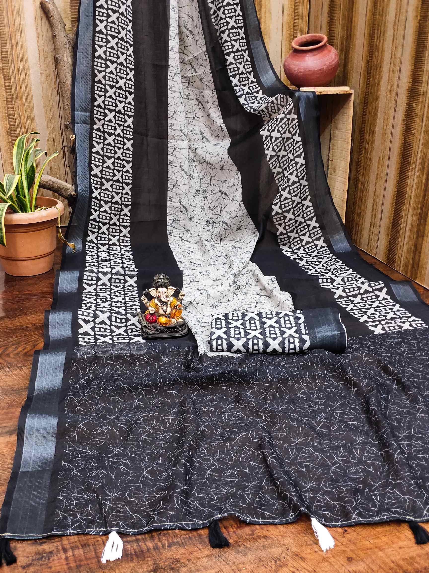 Premium Soft Linen Cotton Saree with Digital Batik Print & Silver Woven Border YNF