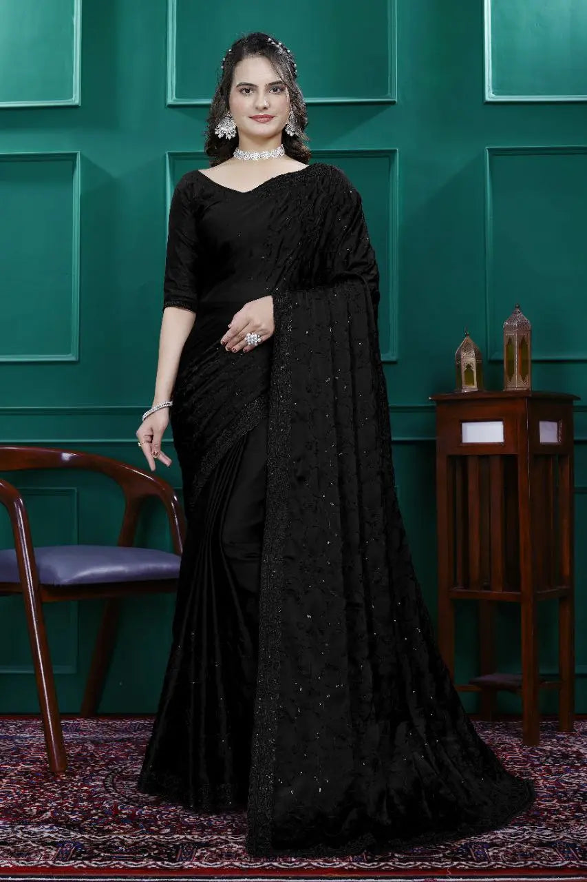 Elegant Premium Satin Crepe Silk Saree with Digital Print & Fancy Neck Style | Unstitched Silk Blouse YNF