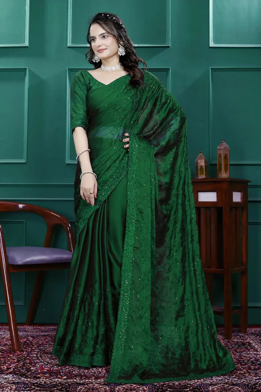 Elegant Premium Satin Crepe Silk Saree with Digital Print & Fancy Neck Style | Unstitched Silk Blouse YNF