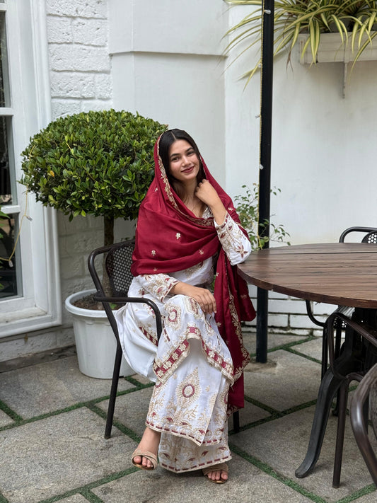 Pure Chinon Silk Suit Set with Embroidery Sequin Work | Fully Stitched Plazo Set with Dupatta YNF