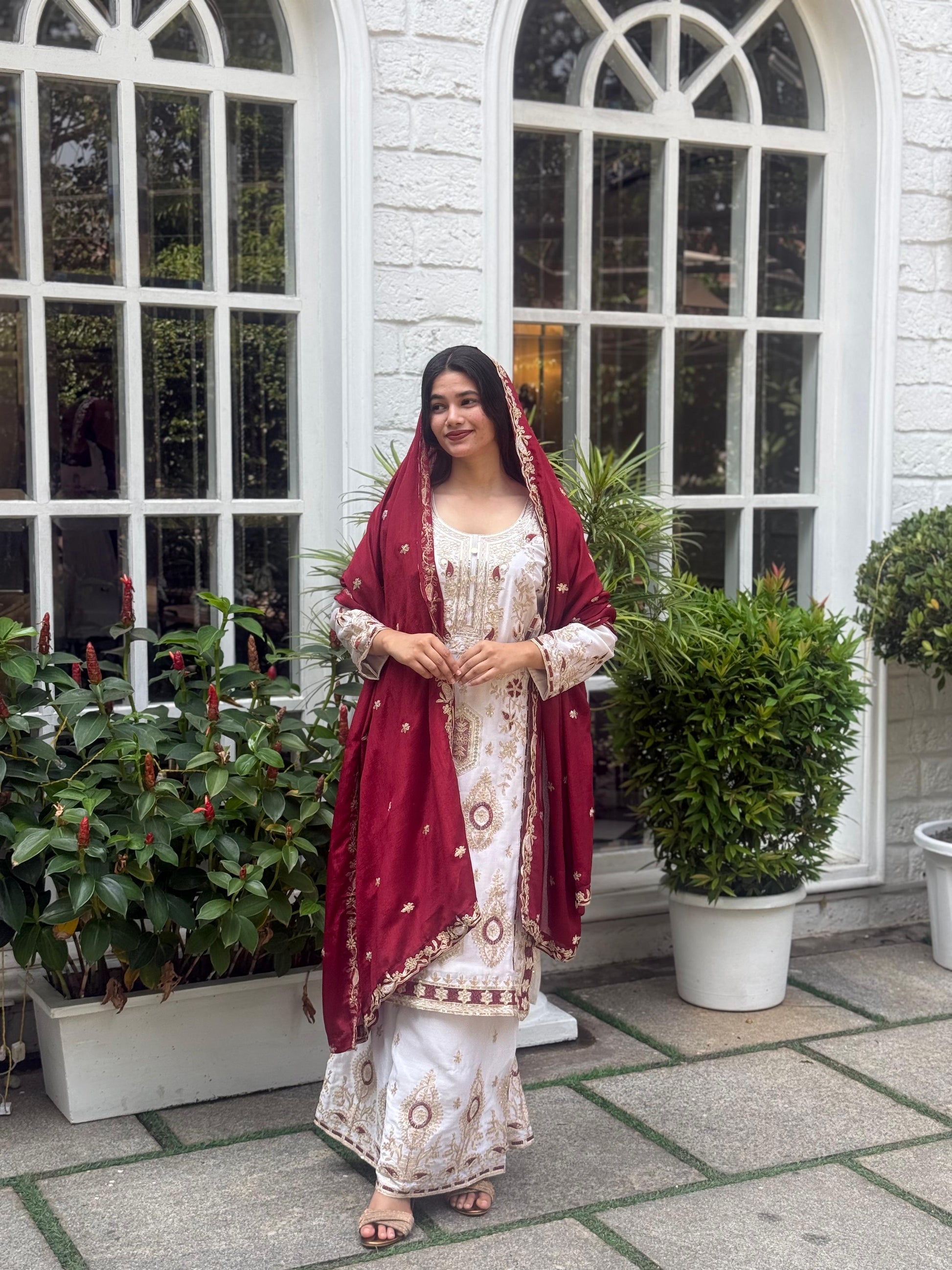 Pure Chinon Silk Suit Set with Embroidery Sequin Work | Fully Stitched Plazo Set with Dupatta YNF