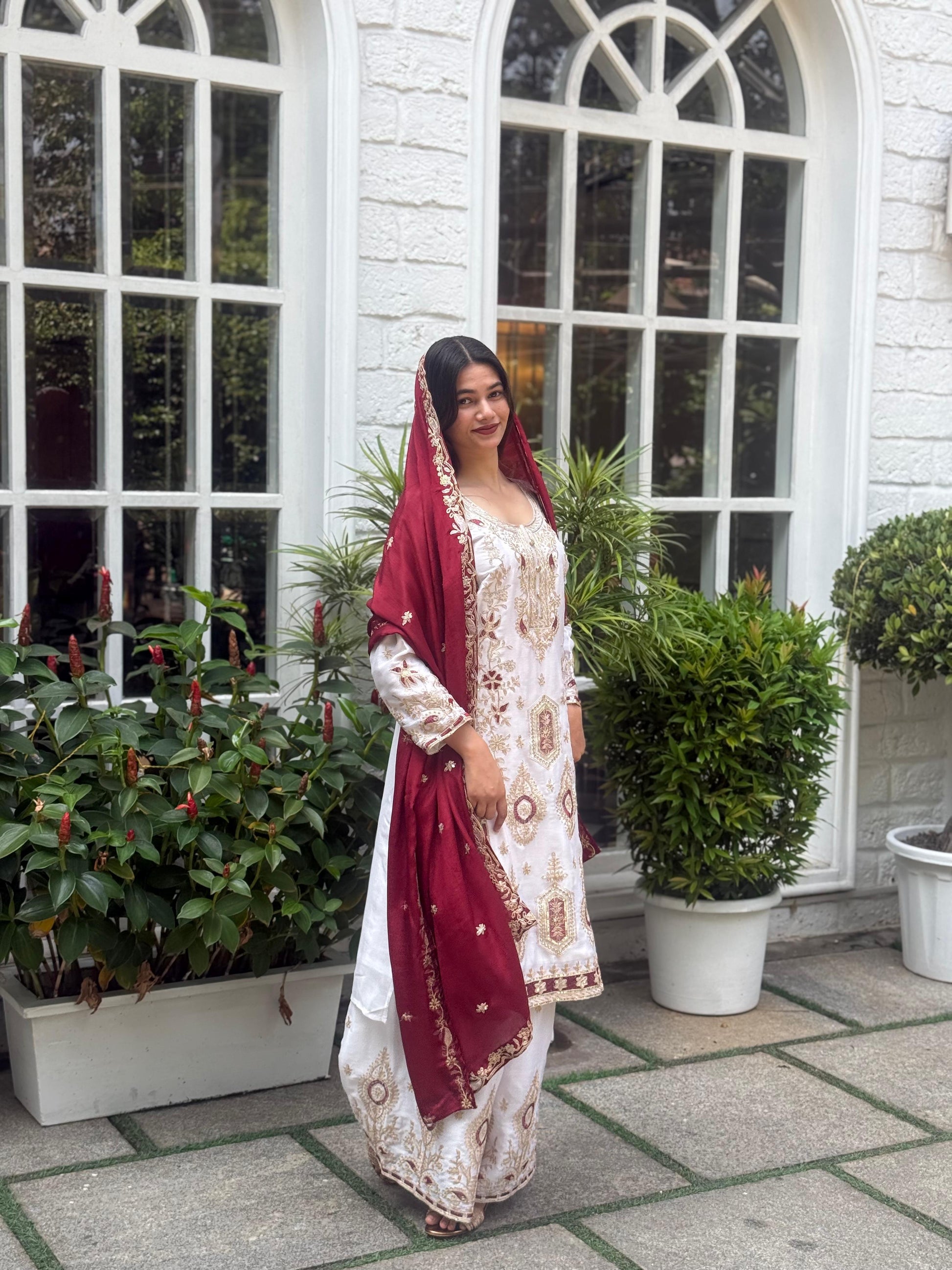 Pure Chinon Silk Suit Set with Embroidery Sequin Work | Fully Stitched Plazo Set with Dupatta YNF