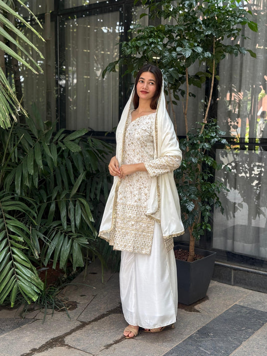 Elegant Pure Chinon Silk Palazzo Set with Embroidery Work | Fully Stitched Festive & Partywear Suit YNF