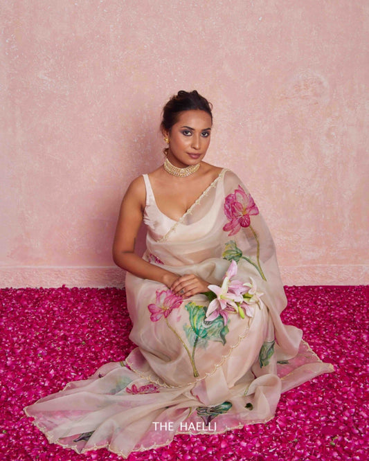 Soft Organza Saree with Floral Print & Hand Beads Work | Blouse with Katdana Detailing YNF