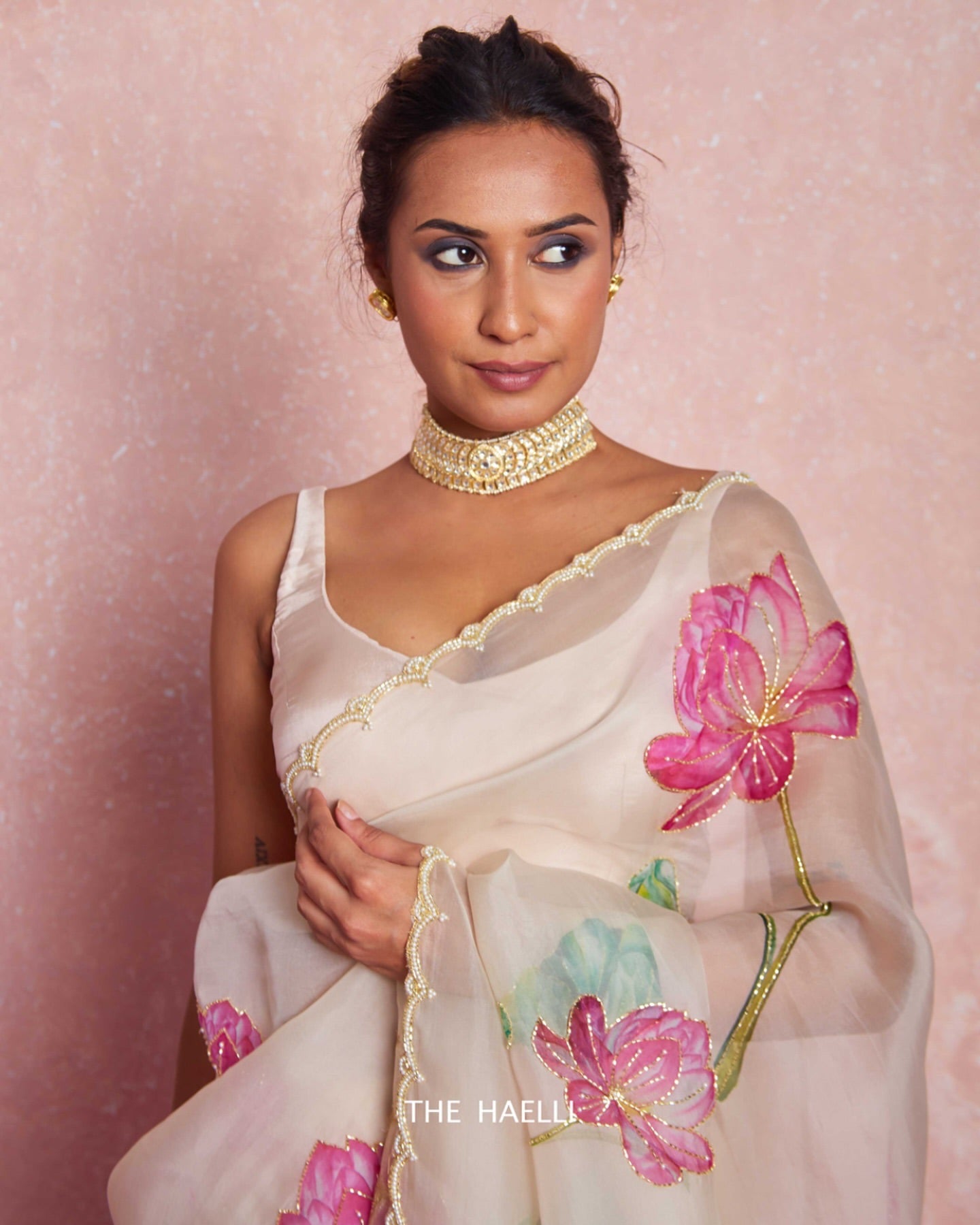 Soft Organza Saree with Floral Print & Hand Beads Work | Blouse with Katdana Detailing YNF