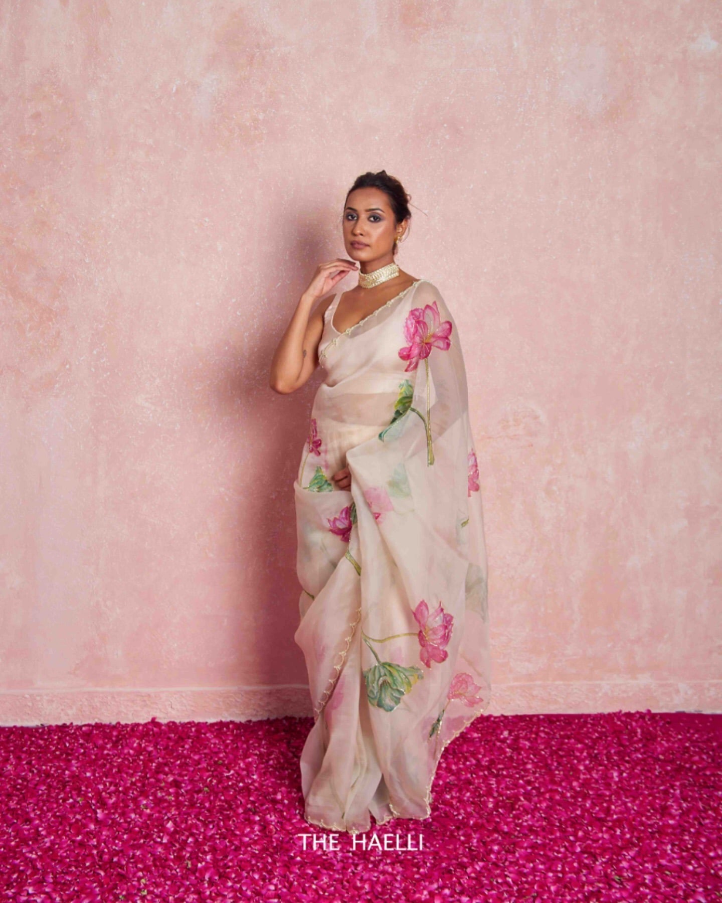 Soft Organza Saree with Floral Print & Hand Beads Work | Blouse with Katdana Detailing YNF
