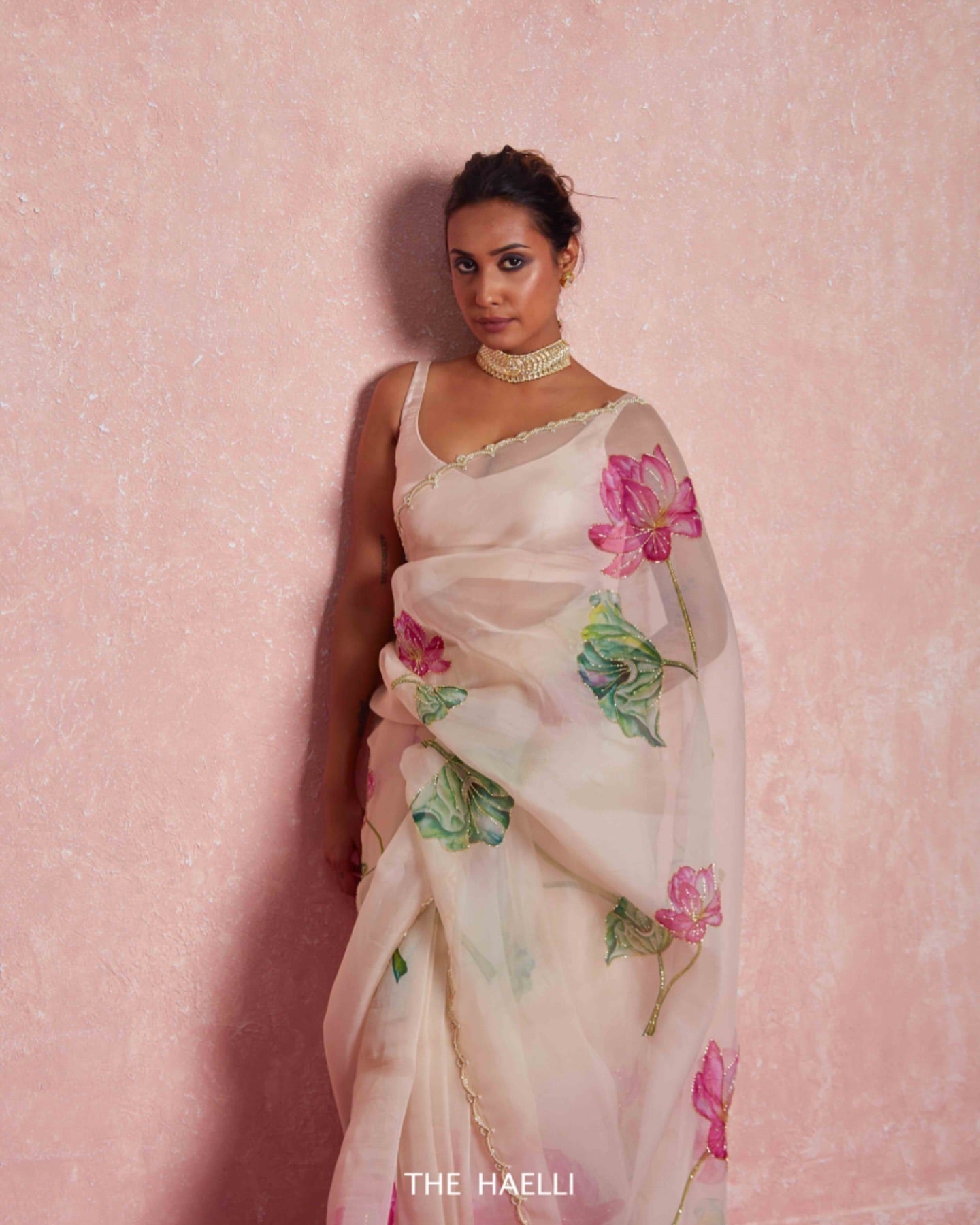 Soft Organza Saree with Floral Print & Hand Beads Work | Blouse with Katdana Detailing YNF
