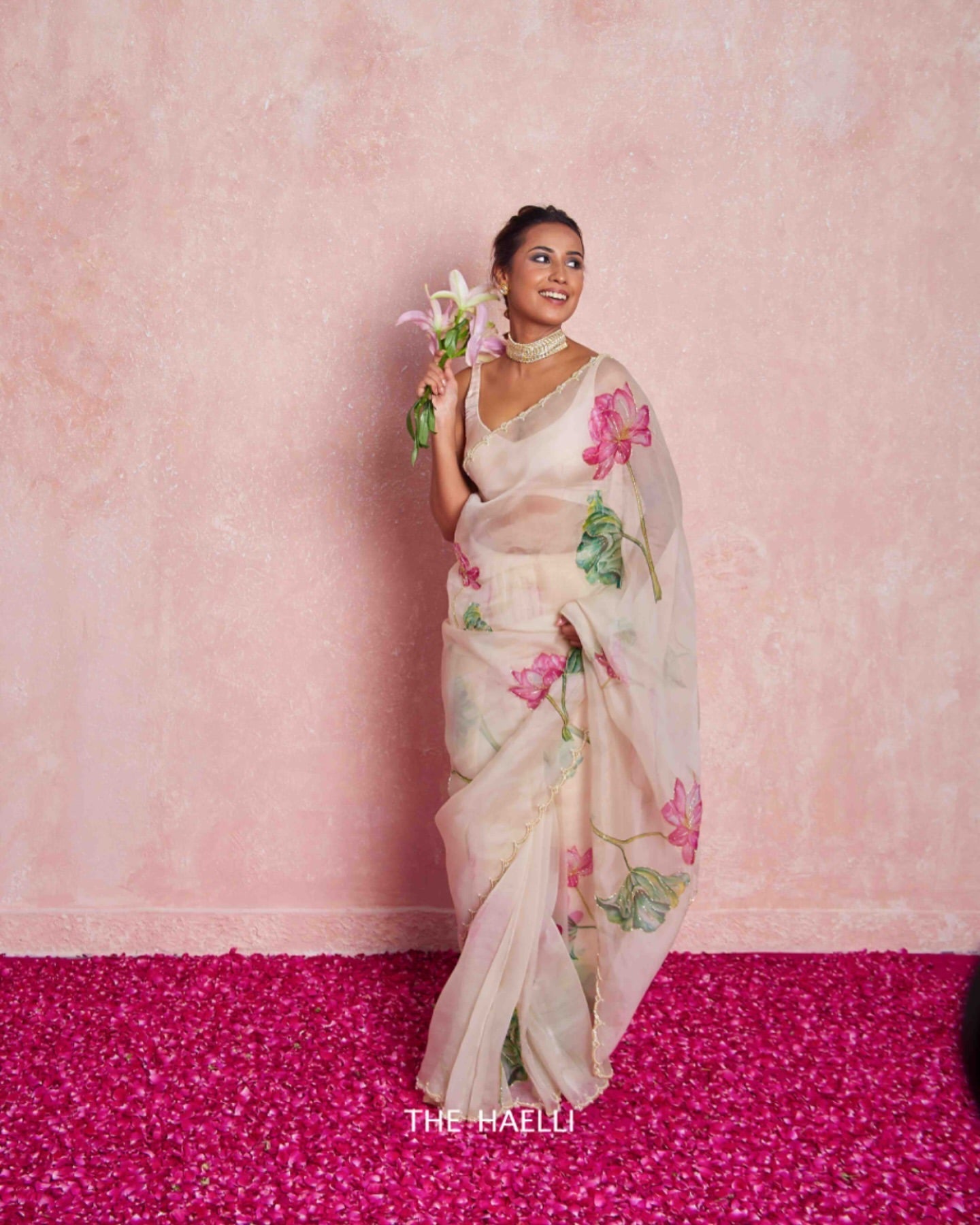 Soft Organza Saree with Floral Print & Hand Beads Work | Blouse with Katdana Detailing YNF