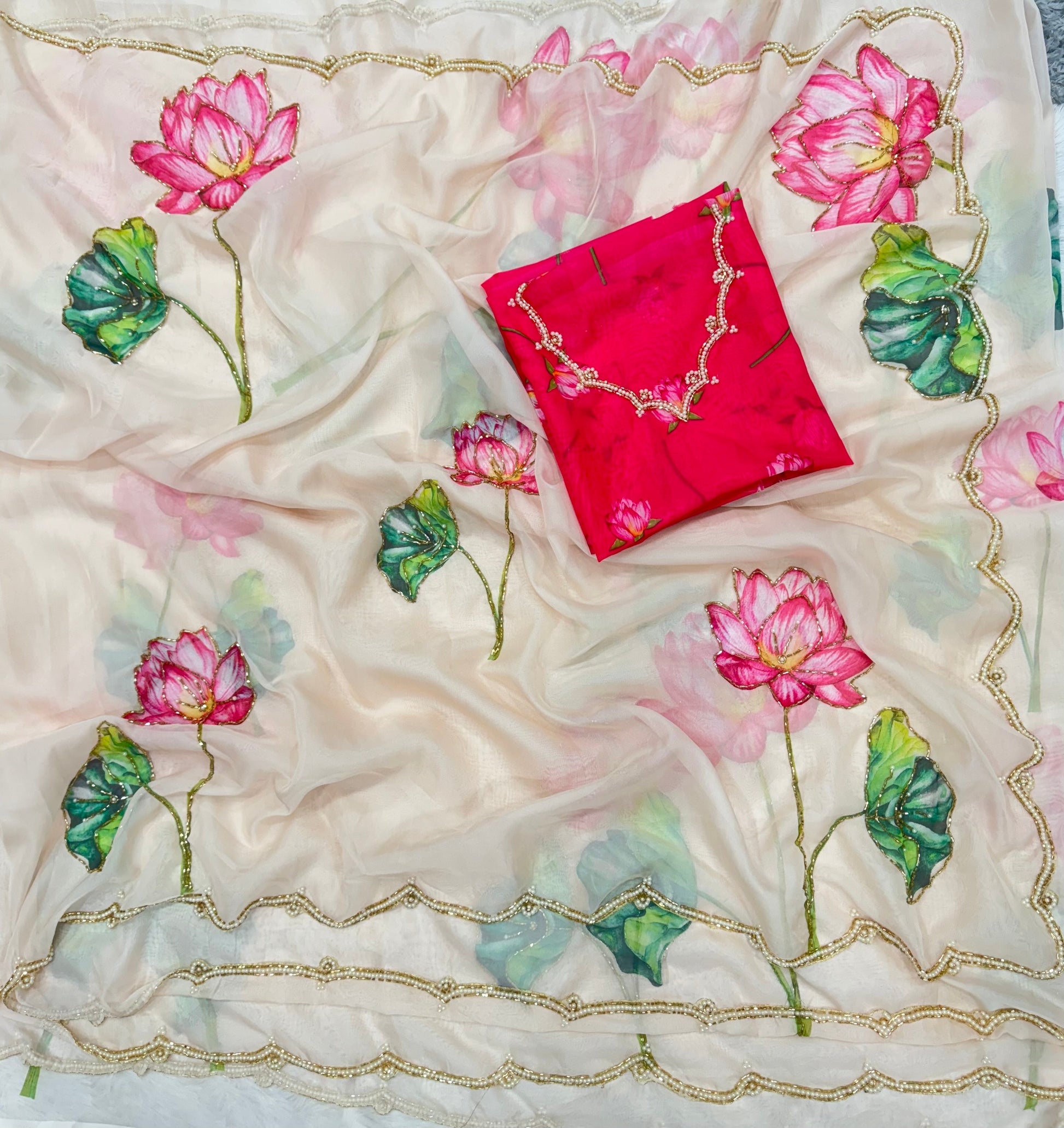 Soft Organza Saree with Floral Print & Hand Beads Work | Blouse with Katdana Detailing YNF