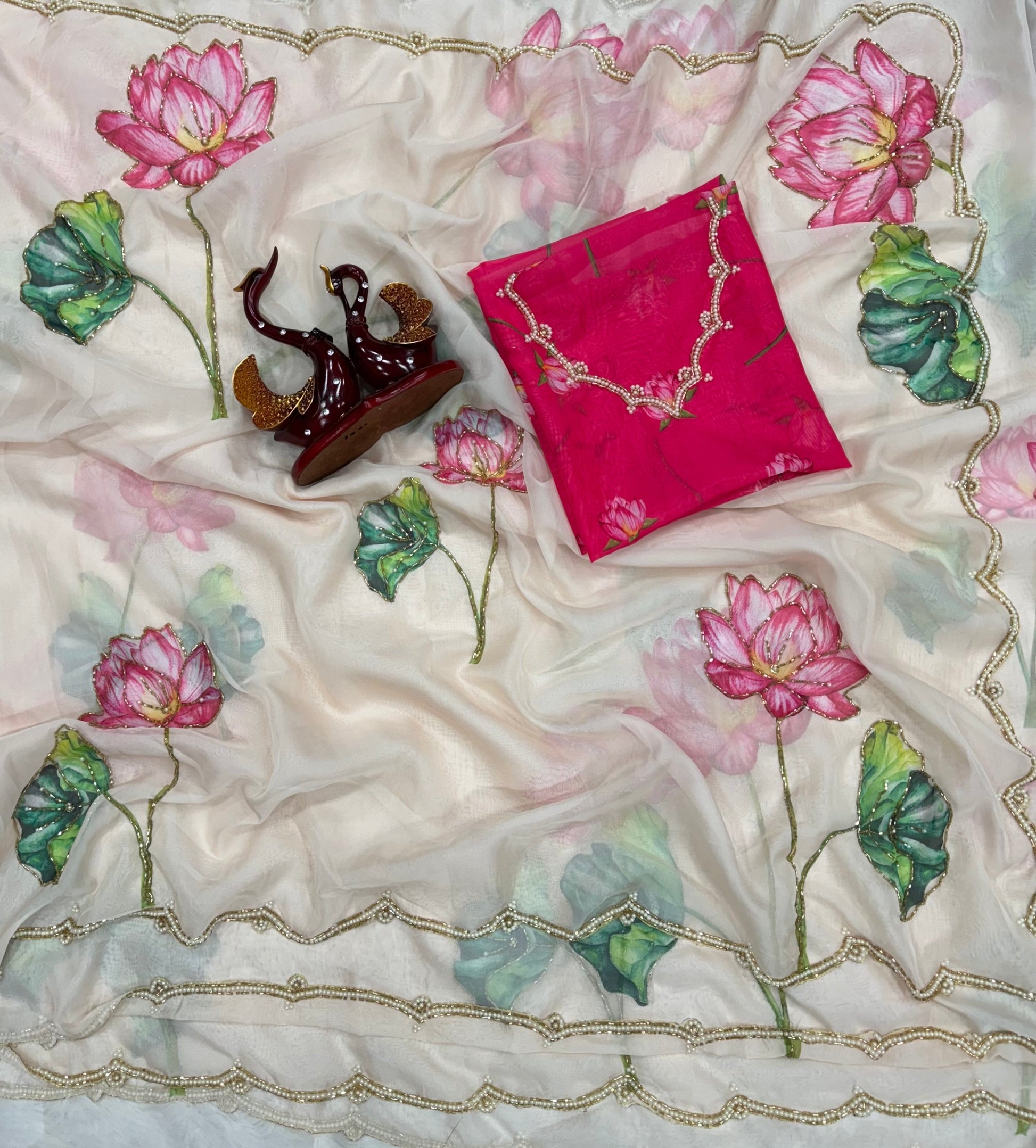 Soft Organza Saree with Floral Print & Hand Beads Work | Blouse with Katdana Detailing YNF