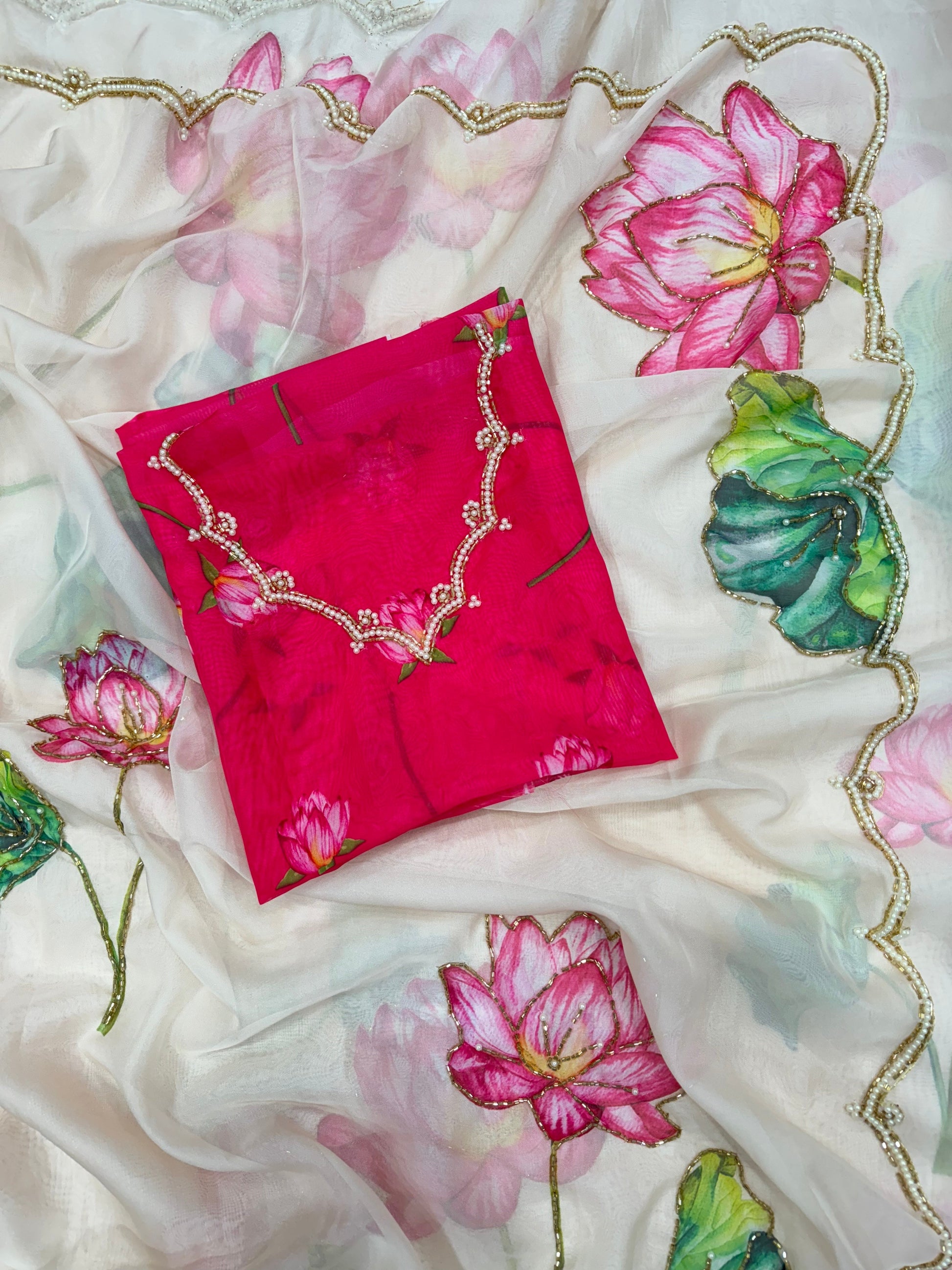 Soft Organza Saree with Floral Print & Hand Beads Work | Blouse with Katdana Detailing YNF
