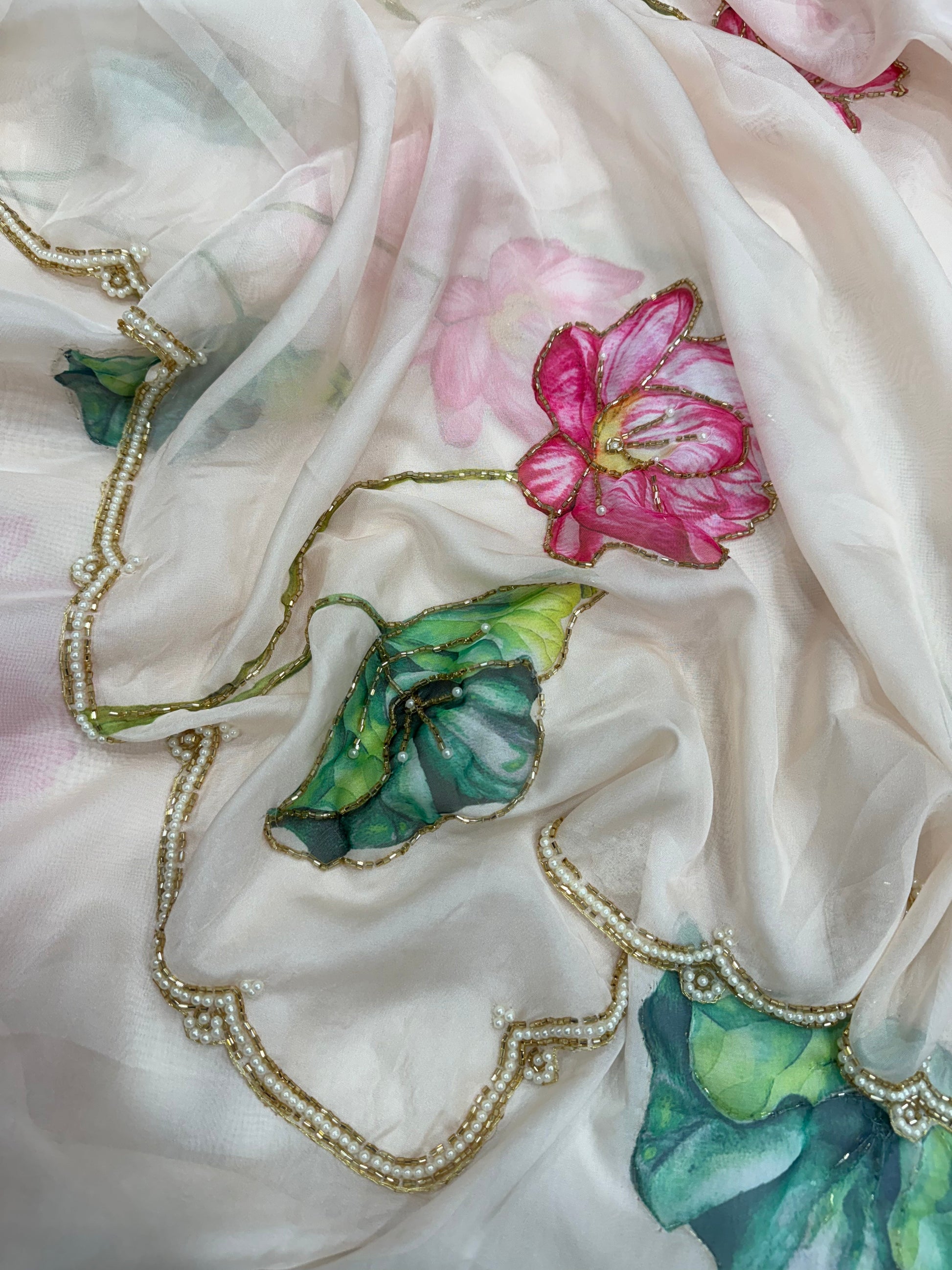 Soft Organza Saree with Floral Print & Hand Beads Work | Blouse with Katdana Detailing YNF