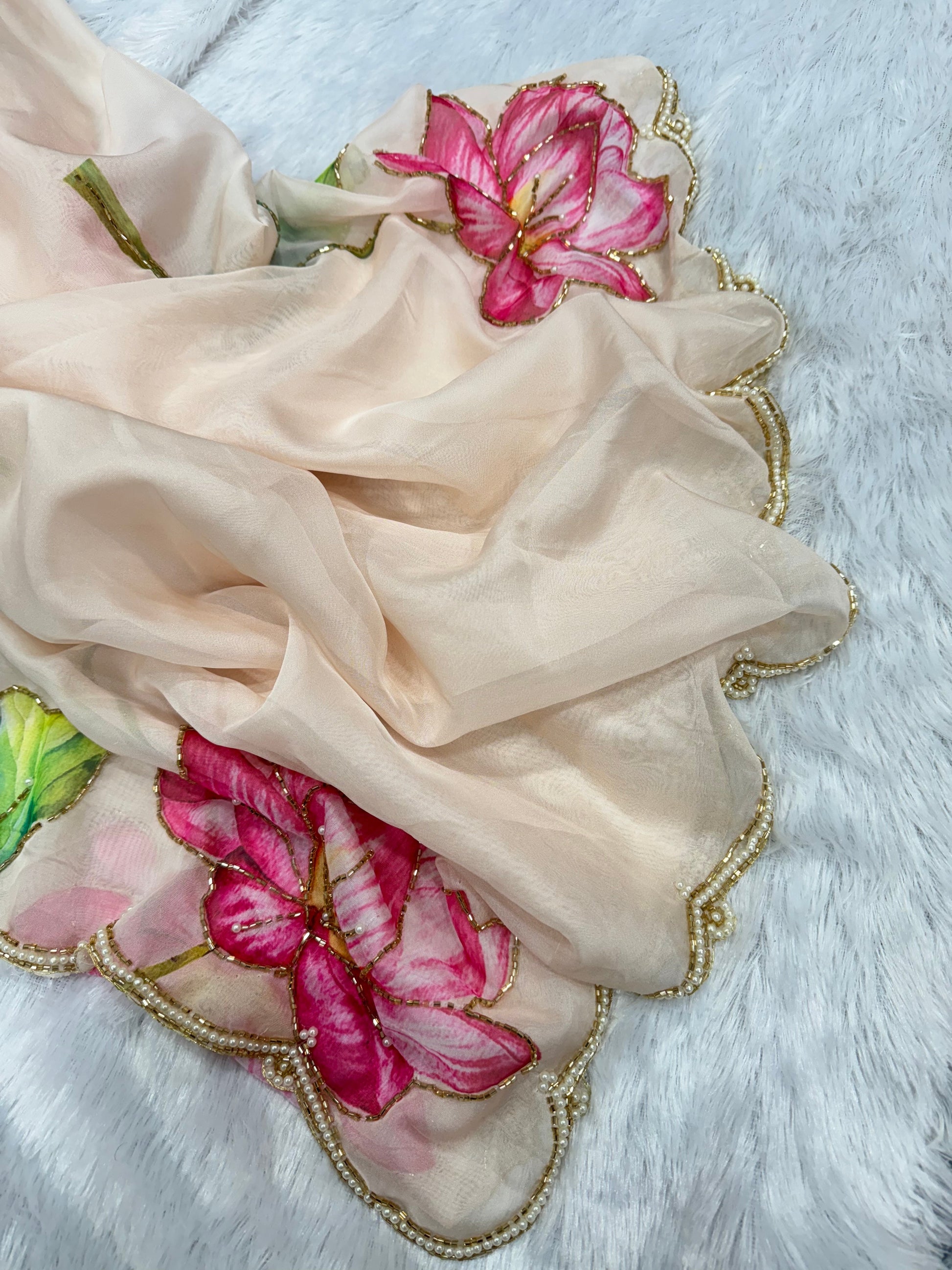 Soft Organza Saree with Floral Print & Hand Beads Work | Blouse with Katdana Detailing YNF