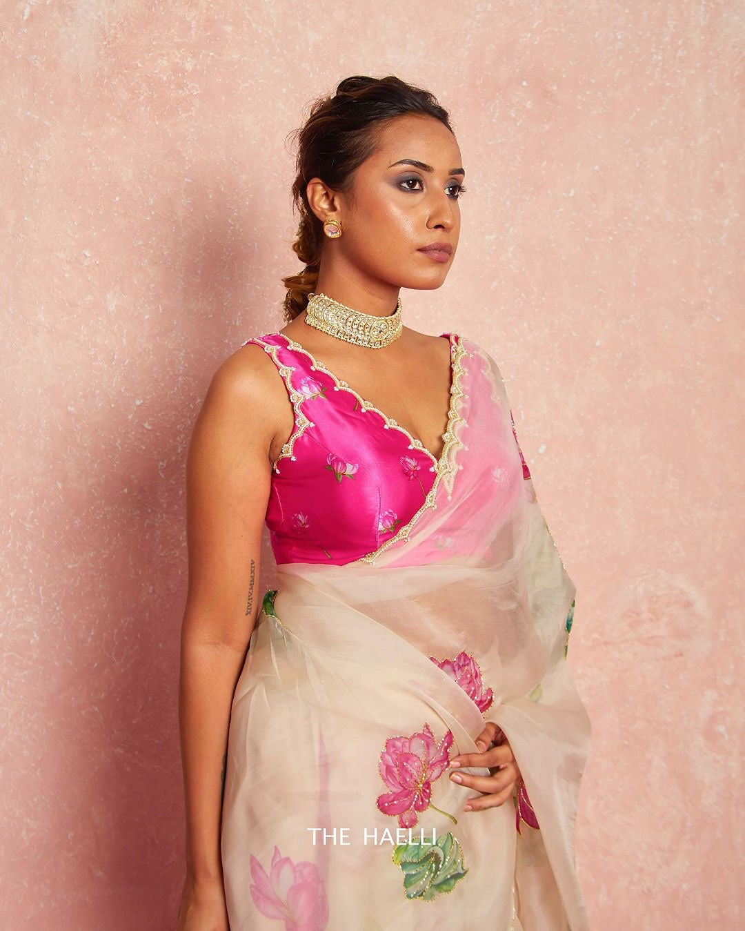 Soft Organza Saree with Floral Print & Hand Beads Work | Blouse with Katdana Detailing YNF