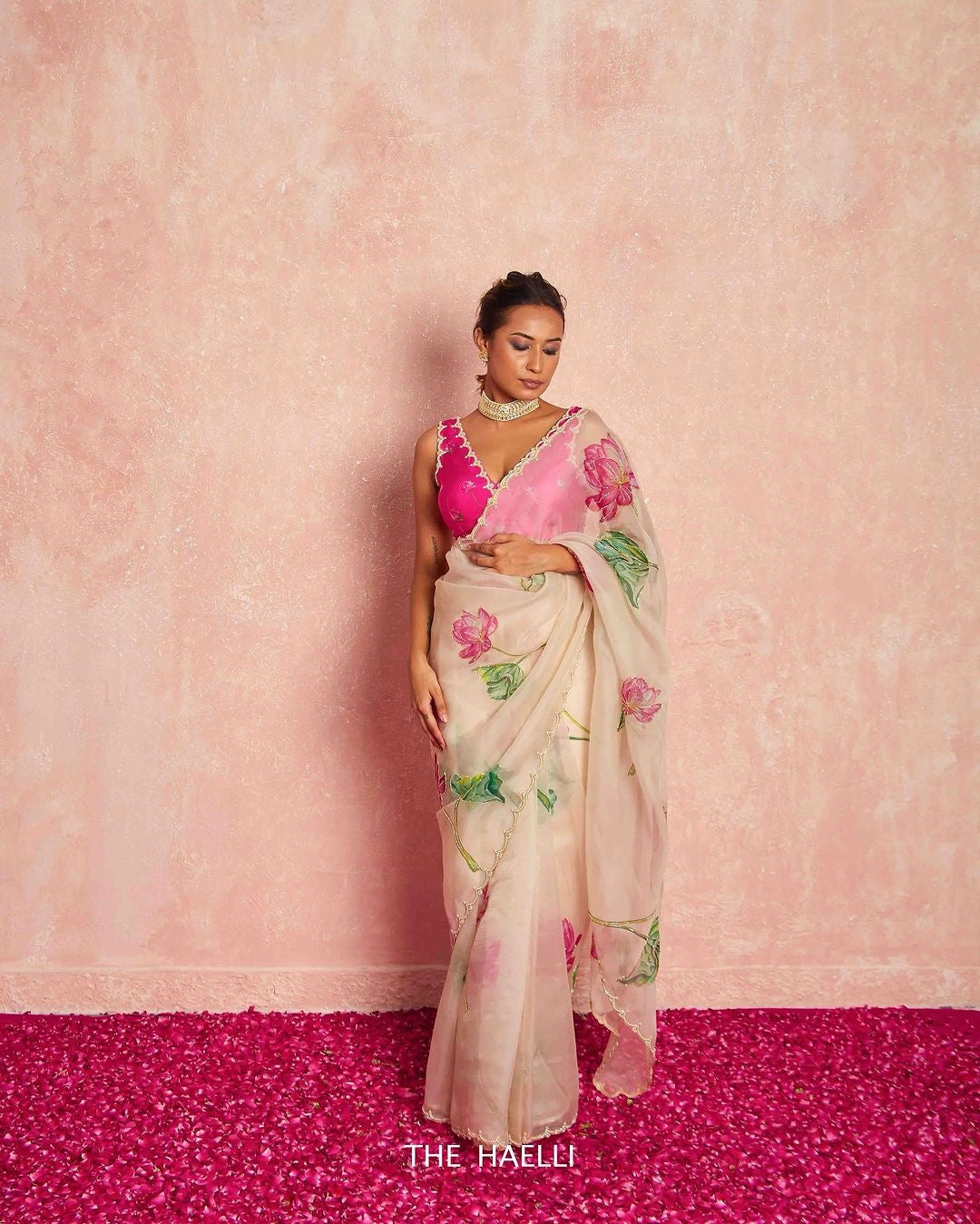 Soft Organza Saree with Floral Print & Hand Beads Work | Blouse with Katdana Detailing YNF