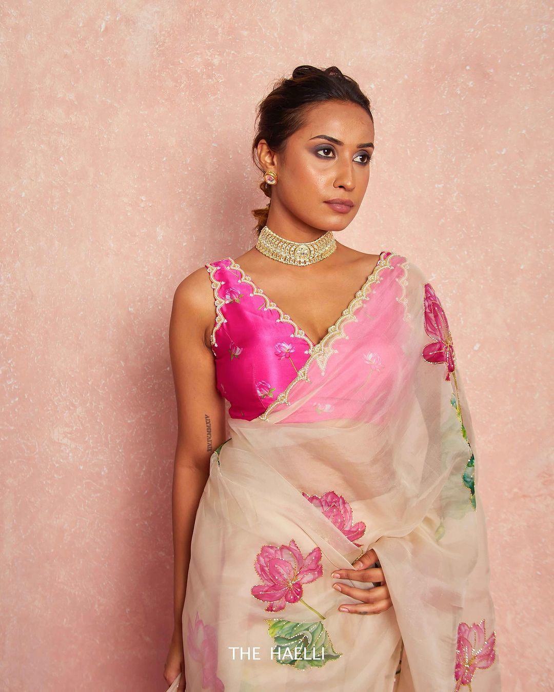 Soft Organza Saree with Floral Print & Hand Beads Work | Blouse with Katdana Detailing YNF