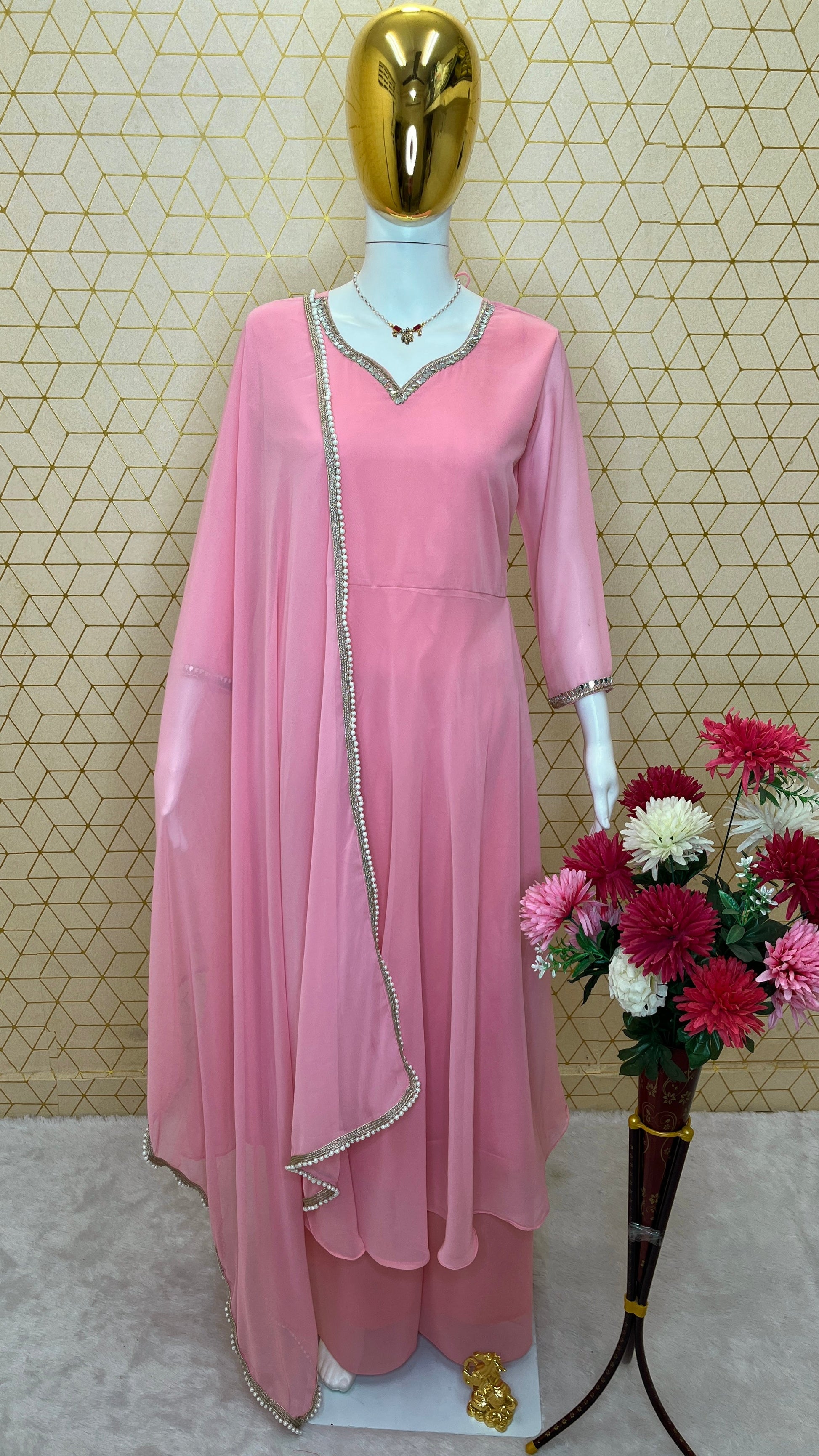 Fox Georgette Suit Set with Fancy Mirror Work & Lace Dupatta | Stylish Top, Plazo & Dupatta Set YNF