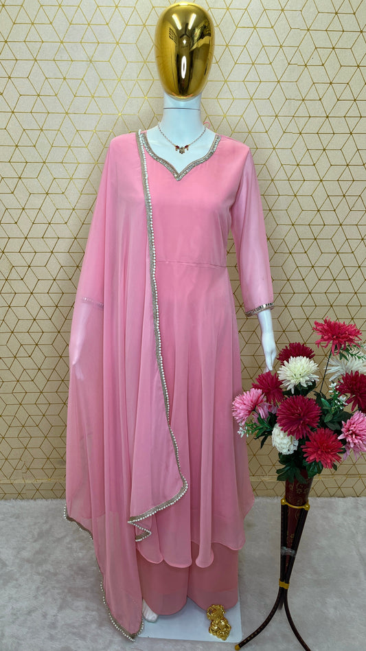 Fox Georgette Suit Set with Fancy Mirror Work & Lace Dupatta | Stylish Top, Plazo & Dupatta Set YNF