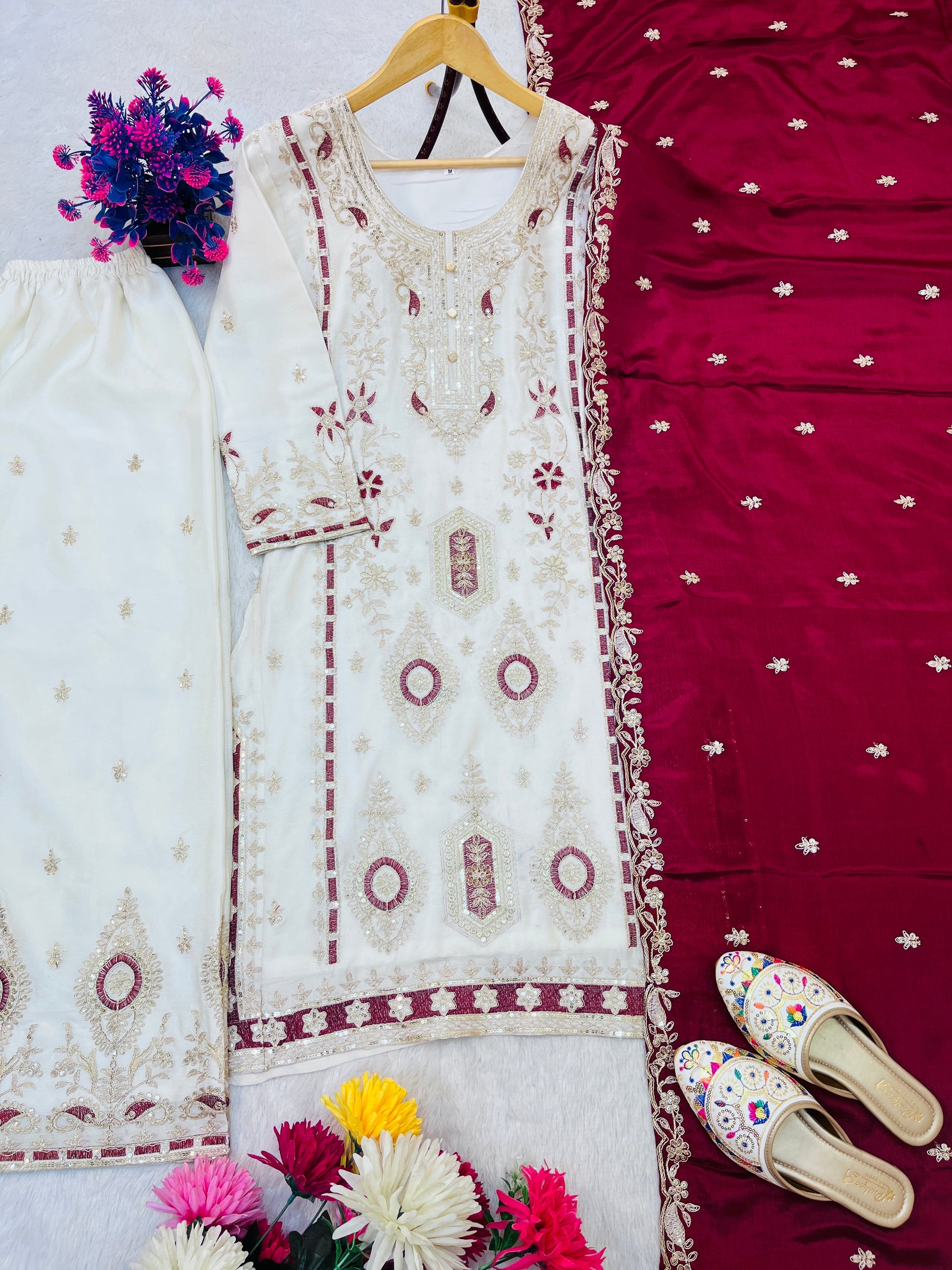 Pure Chinon Silk Suit Set with Embroidery Sequin Work | Fully Stitched Plazo Set with Dupatta YNF