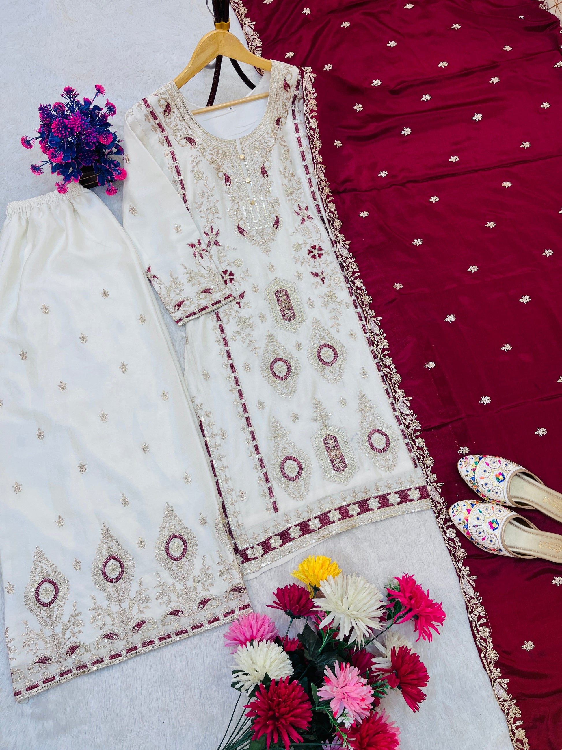 Pure Chinon Silk Suit Set with Embroidery Sequin Work | Fully Stitched Plazo Set with Dupatta YNF