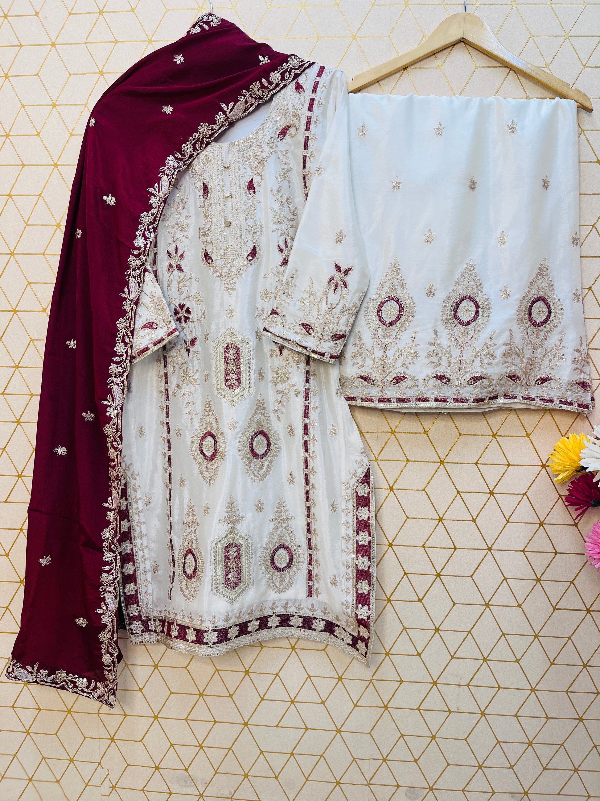 Pure Chinon Silk Suit Set with Embroidery Sequin Work | Fully Stitched Plazo Set with Dupatta YNF