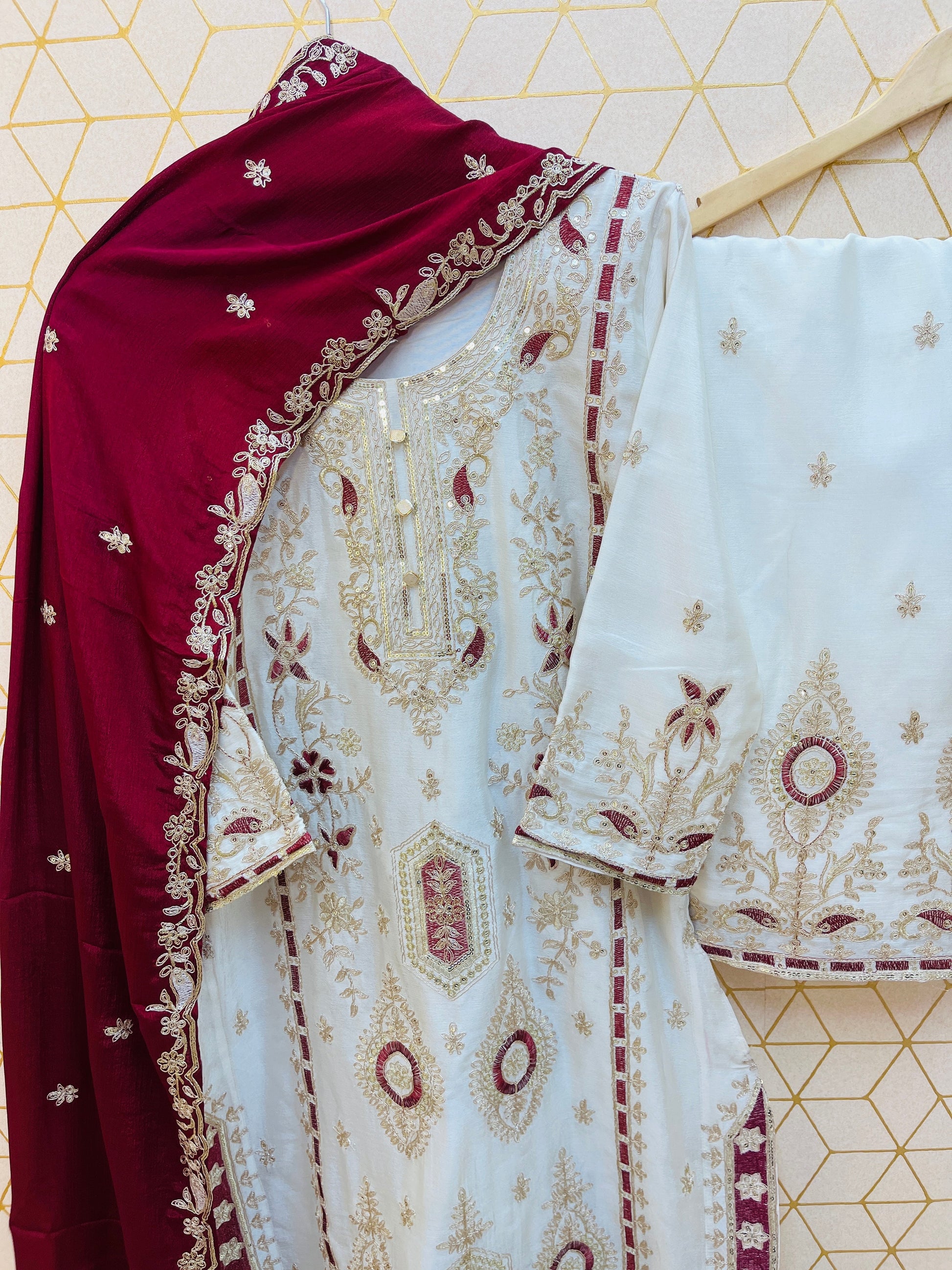 Pure Chinon Silk Suit Set with Embroidery Sequin Work | Fully Stitched Plazo Set with Dupatta YNF