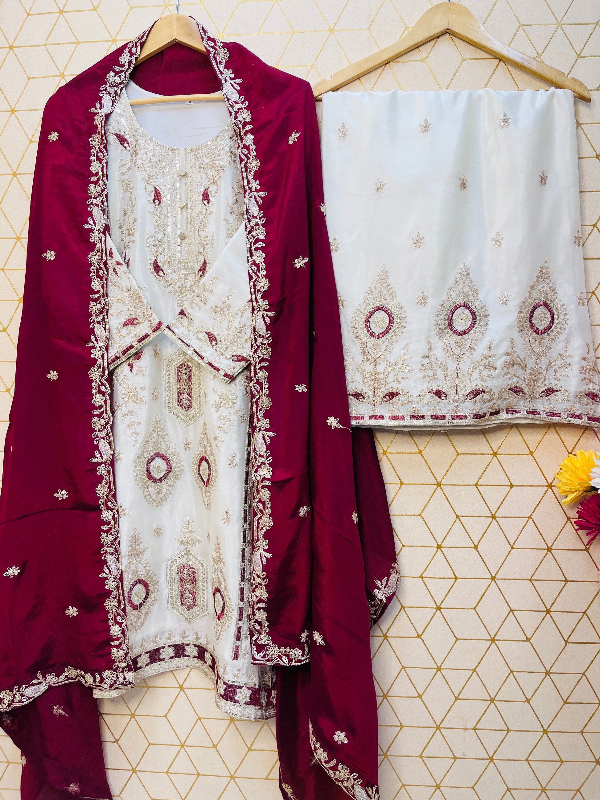 Pure Chinon Silk Suit Set with Embroidery Sequin Work | Fully Stitched Plazo Set with Dupatta YNF