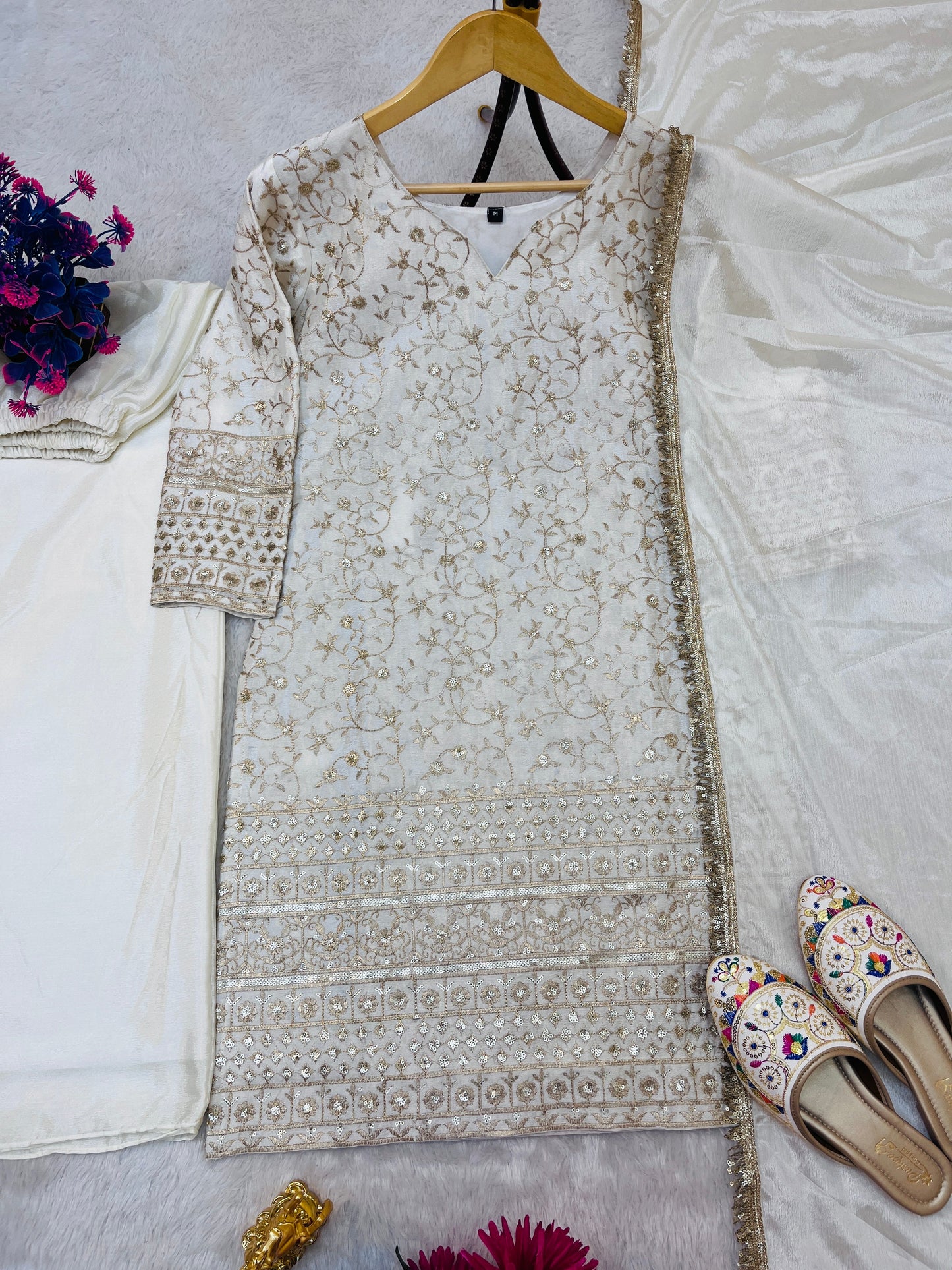 Elegant Pure Chinon Silk Palazzo Set with Embroidery Work | Fully Stitched Festive & Partywear Suit YNF