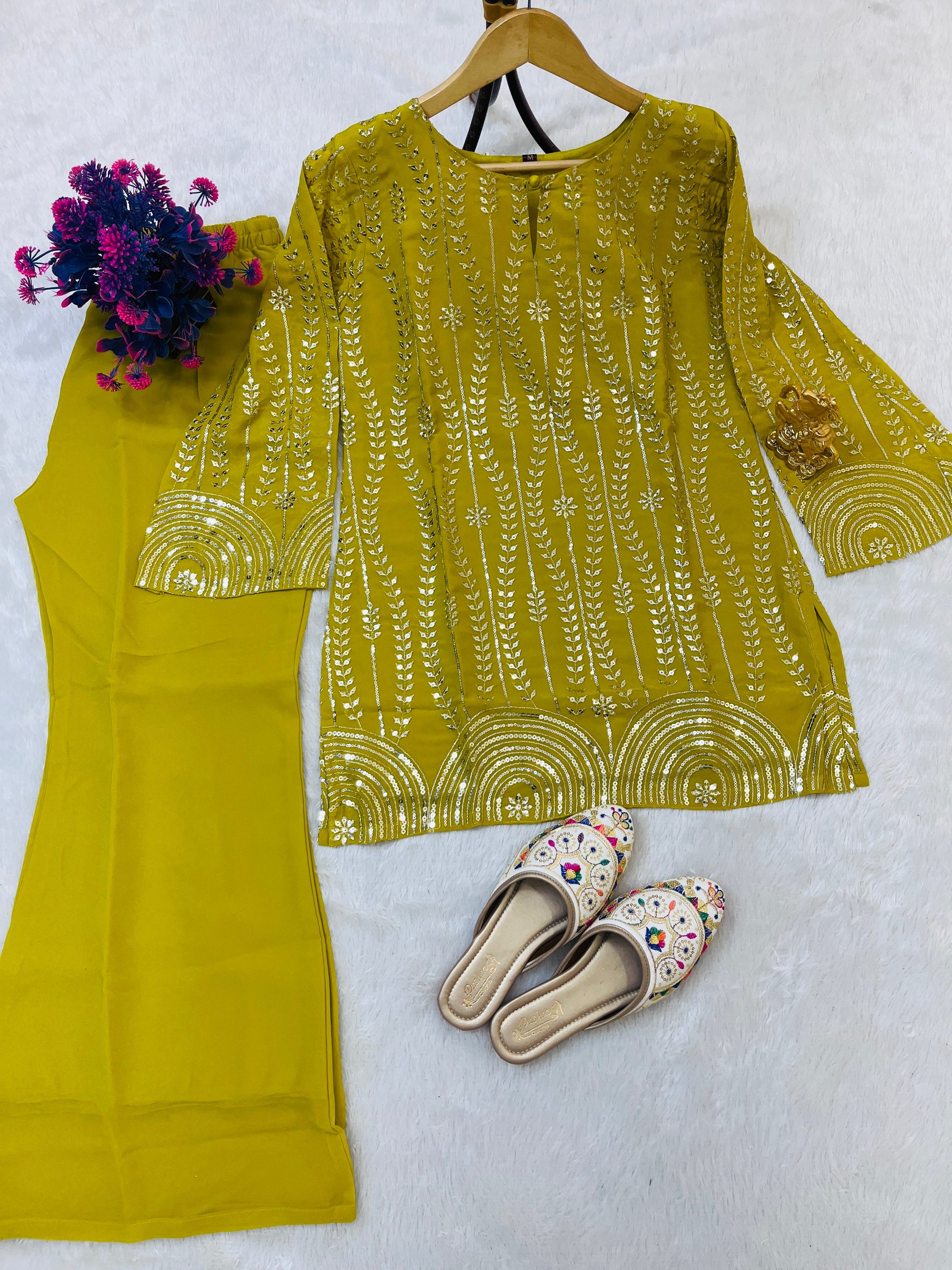 Stylish Fox Georgette Plazo Set with Sequin Embroidery Work | Fully Stitched Partywear Suit for Women YNF