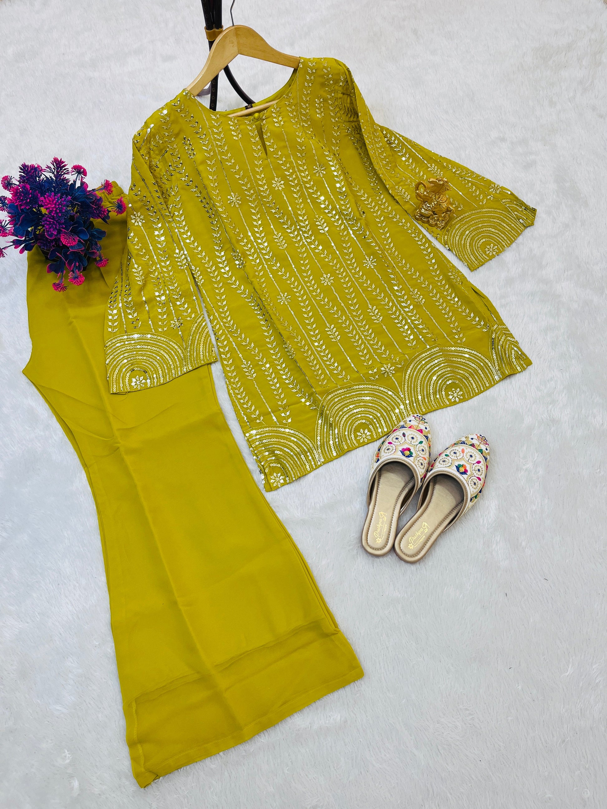 Stylish Fox Georgette Plazo Set with Sequin Embroidery Work | Fully Stitched Partywear Suit for Women YNF