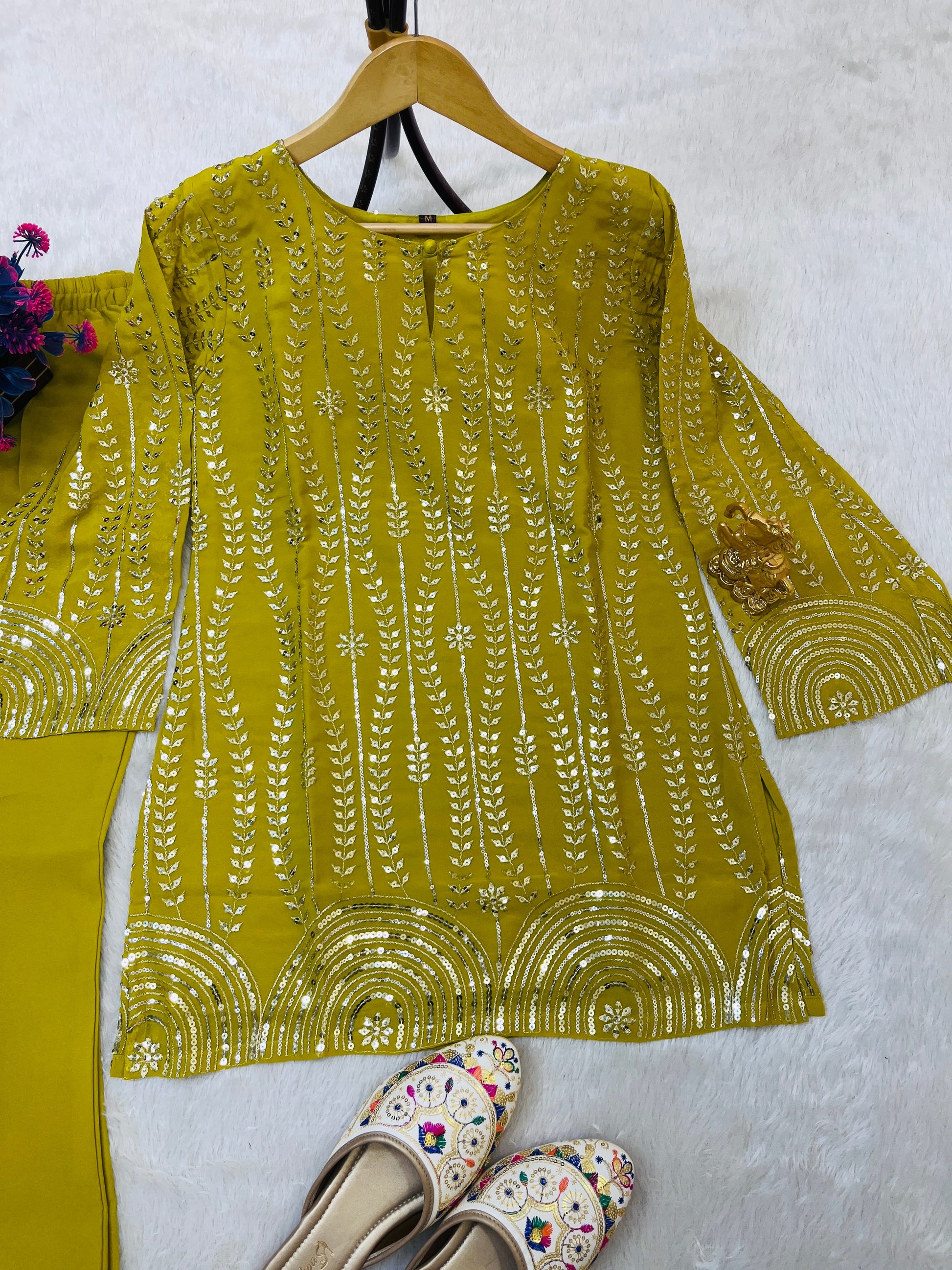 Stylish Fox Georgette Plazo Set with Sequin Embroidery Work | Fully Stitched Partywear Suit for Women YNF