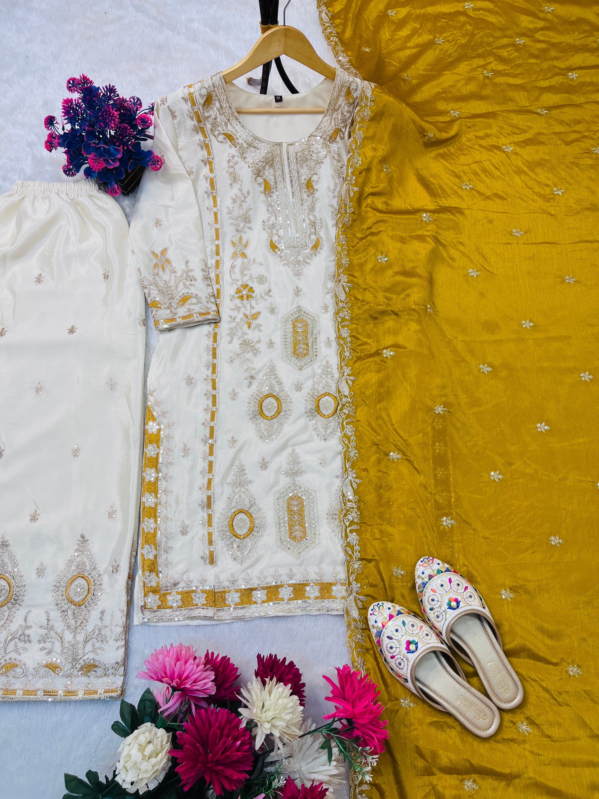 Pure Chinon Silk Suit Set with Embroidery Sequin Work | Fully Stitched Plazo Set with Dupatta YNF
