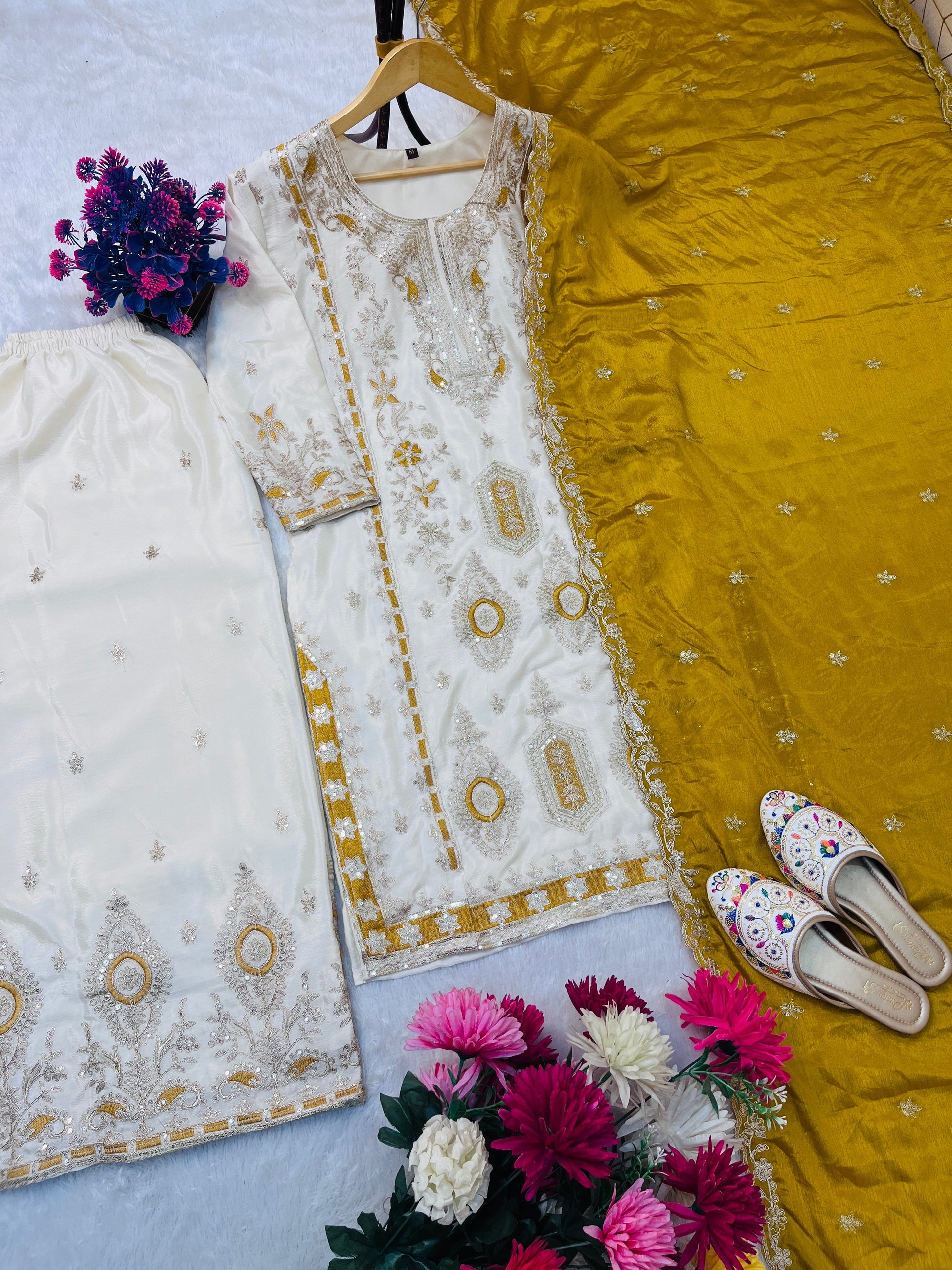 Pure Chinon Silk Suit Set with Embroidery Sequin Work | Fully Stitched Plazo Set with Dupatta YNF