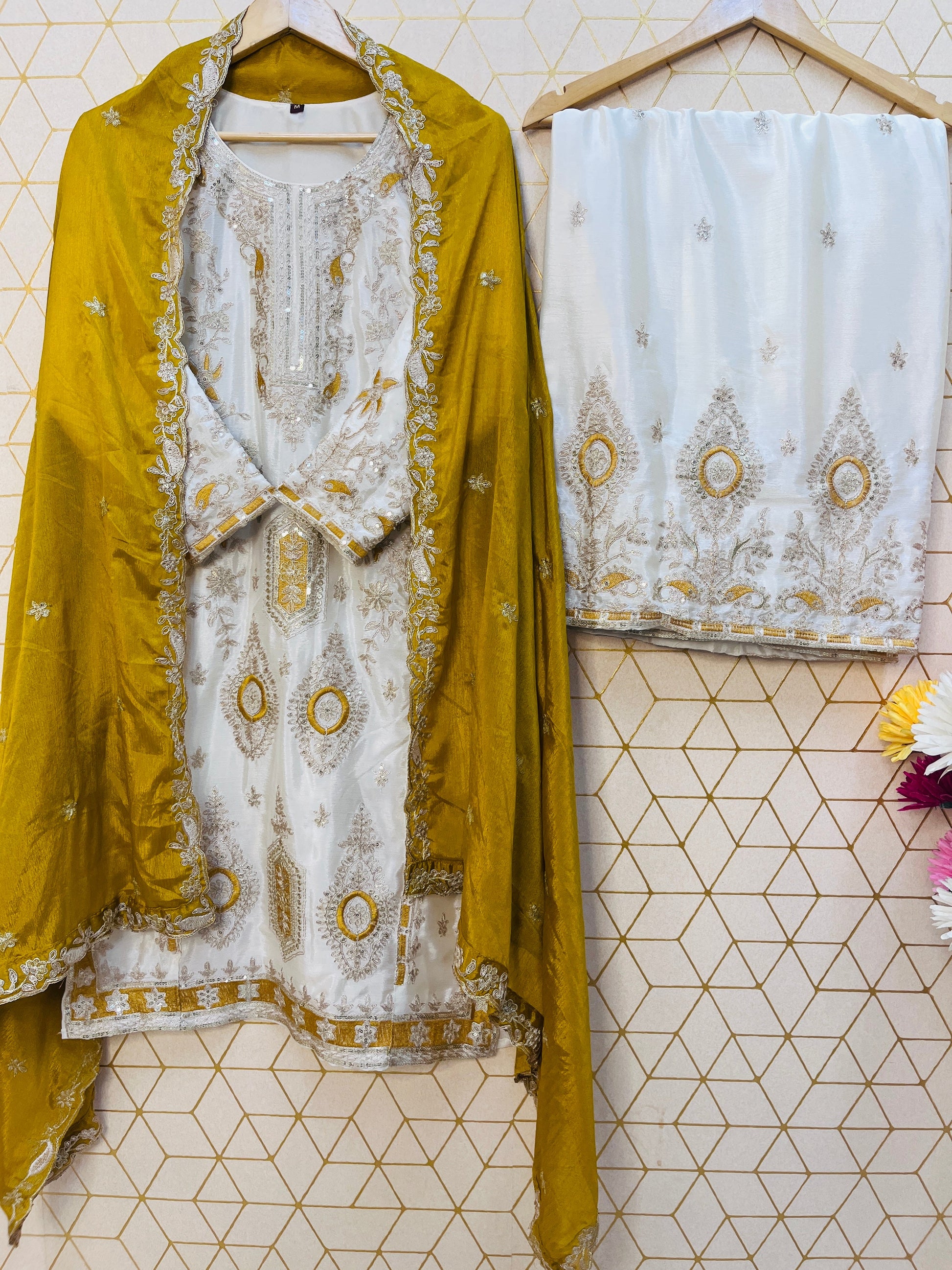Pure Chinon Silk Suit Set with Embroidery Sequin Work | Fully Stitched Plazo Set with Dupatta YNF
