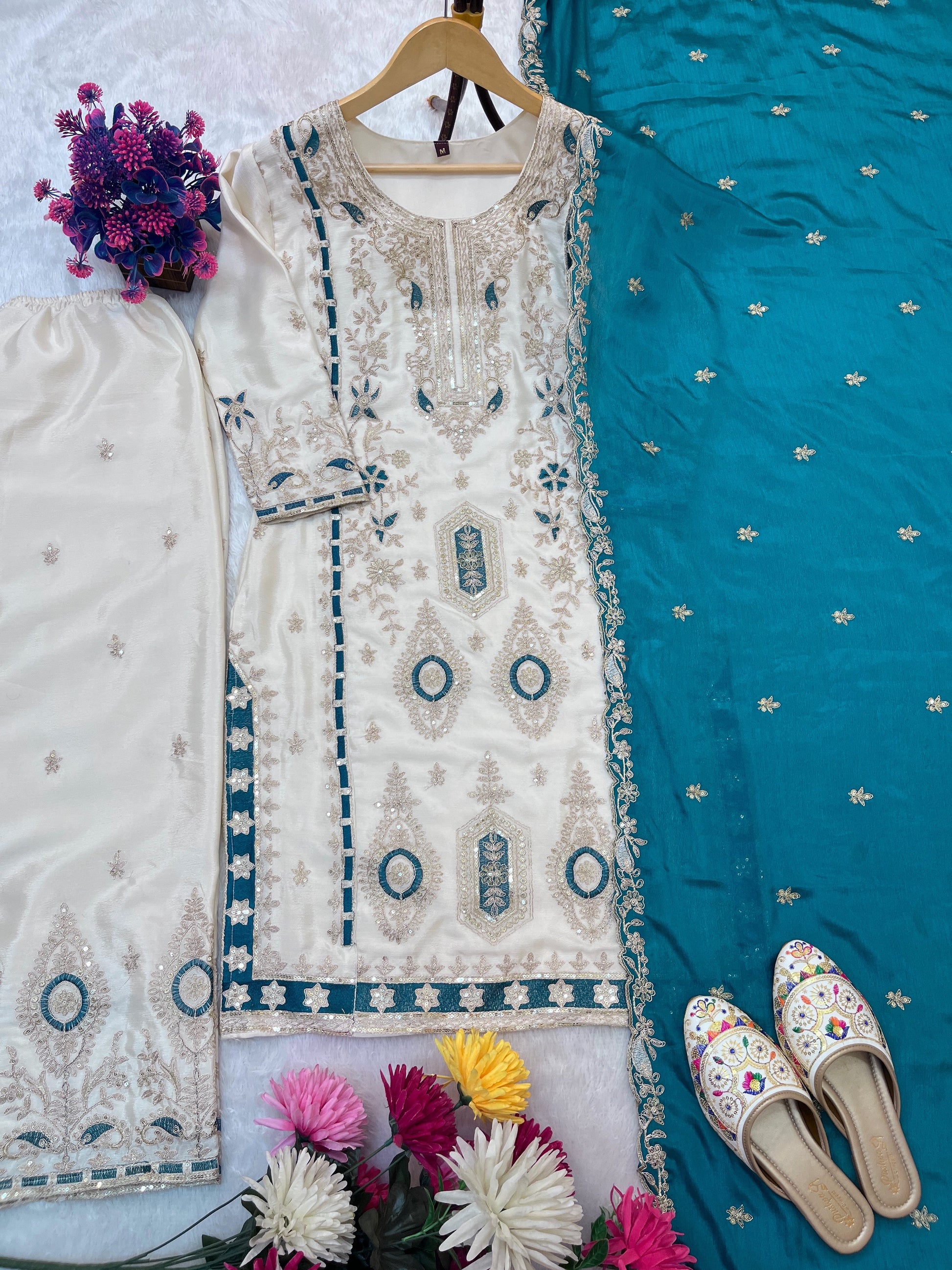 Pure Chinon Silk Suit Set with Embroidery Sequin Work | Fully Stitched Plazo Set with Dupatta YNF
