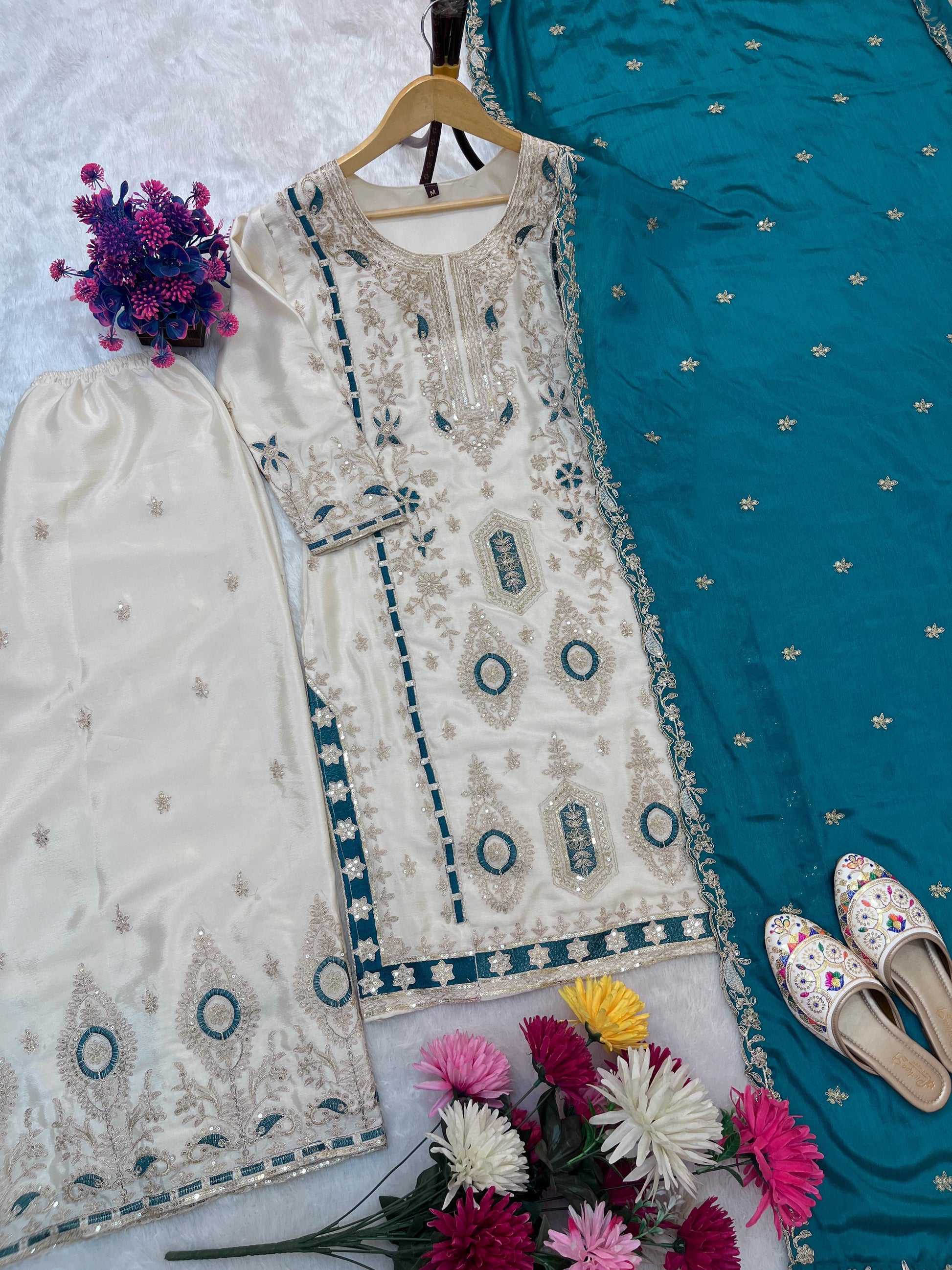 Pure Chinon Silk Suit Set with Embroidery Sequin Work | Fully Stitched Plazo Set with Dupatta YNF