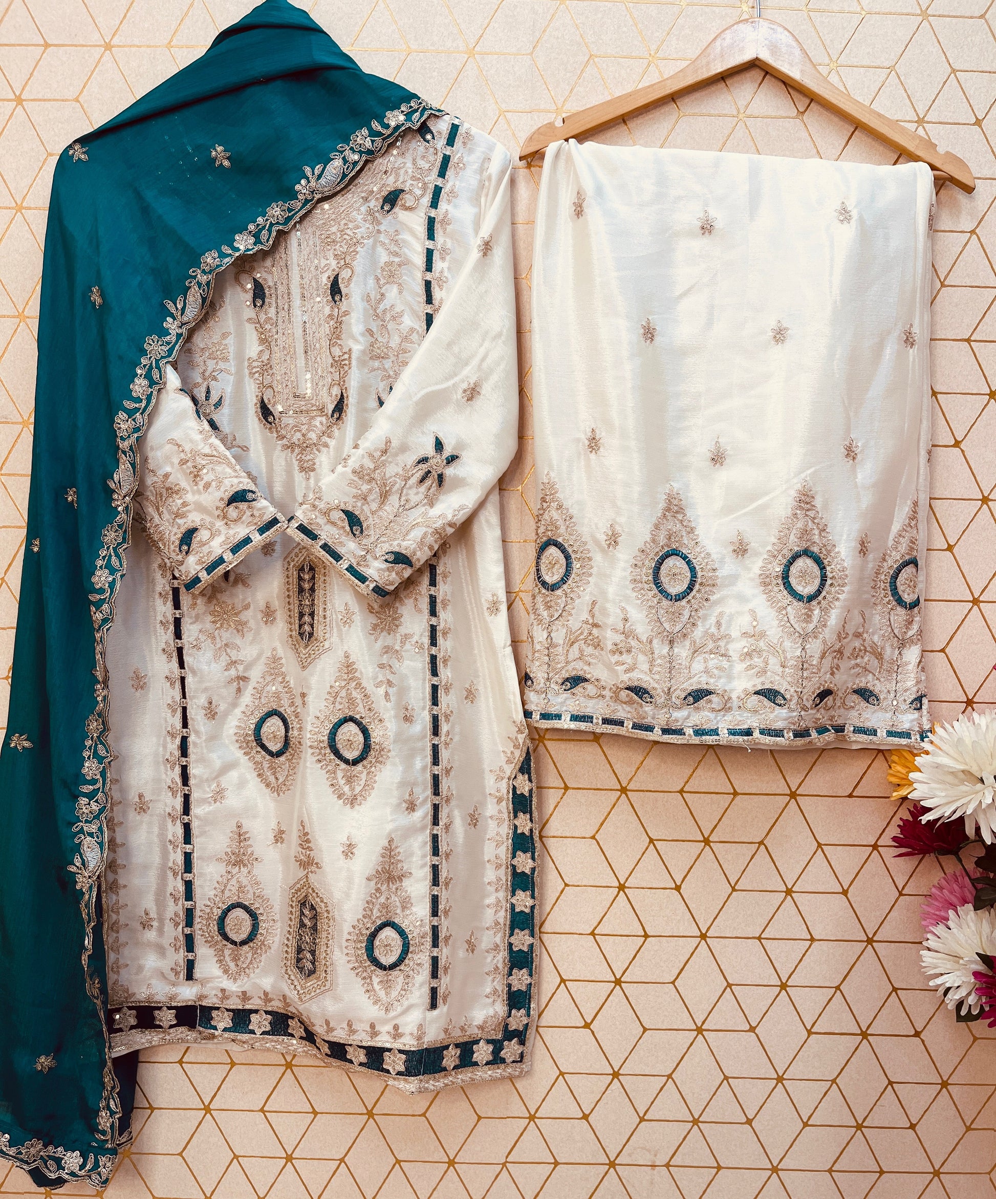 Pure Chinon Silk Suit Set with Embroidery Sequin Work | Fully Stitched Plazo Set with Dupatta YNF